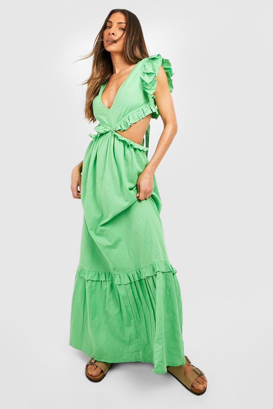 Apple green Linen Ruffle Cut Out Maxi Dress