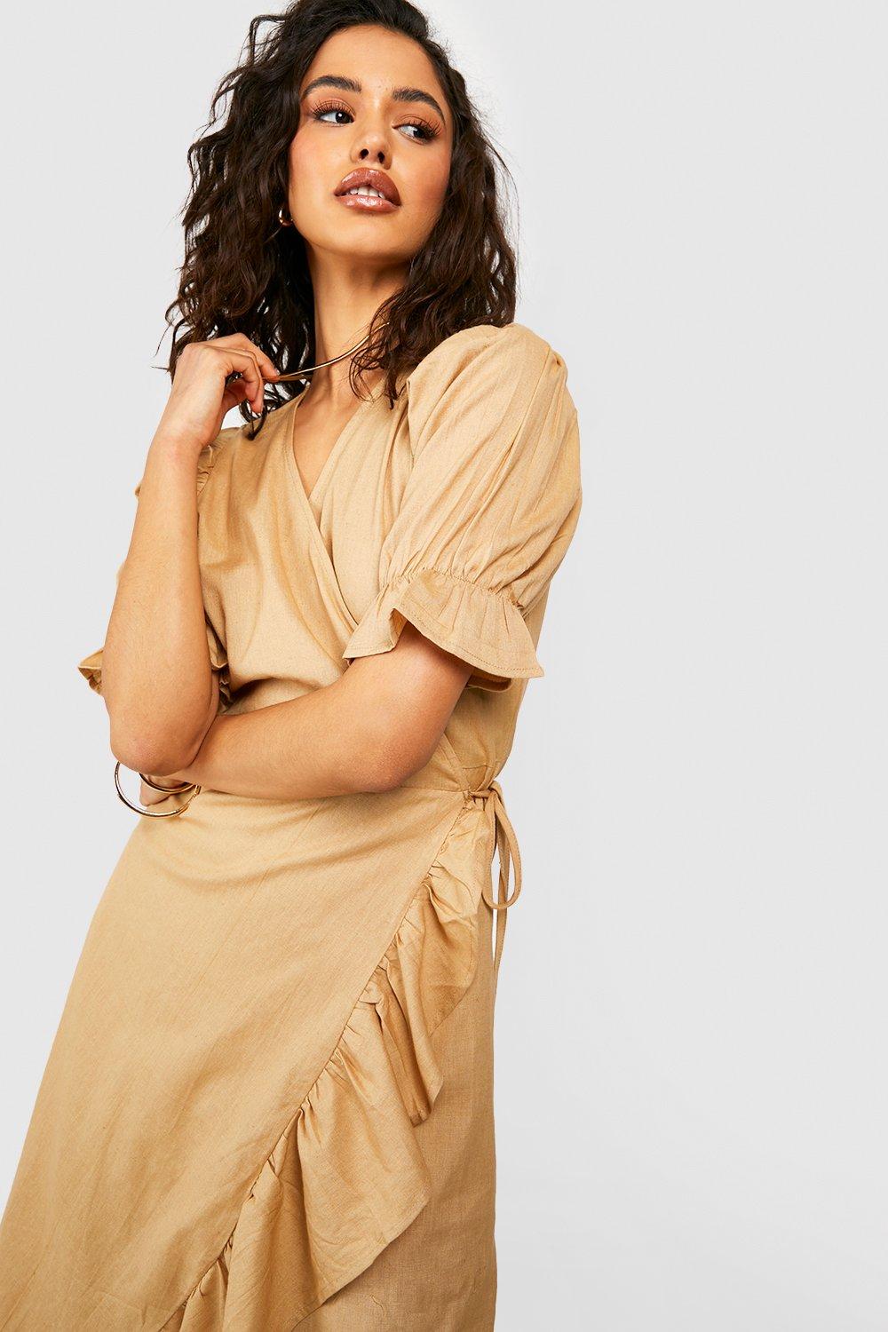 Linen ruffle 2024 wrap dress