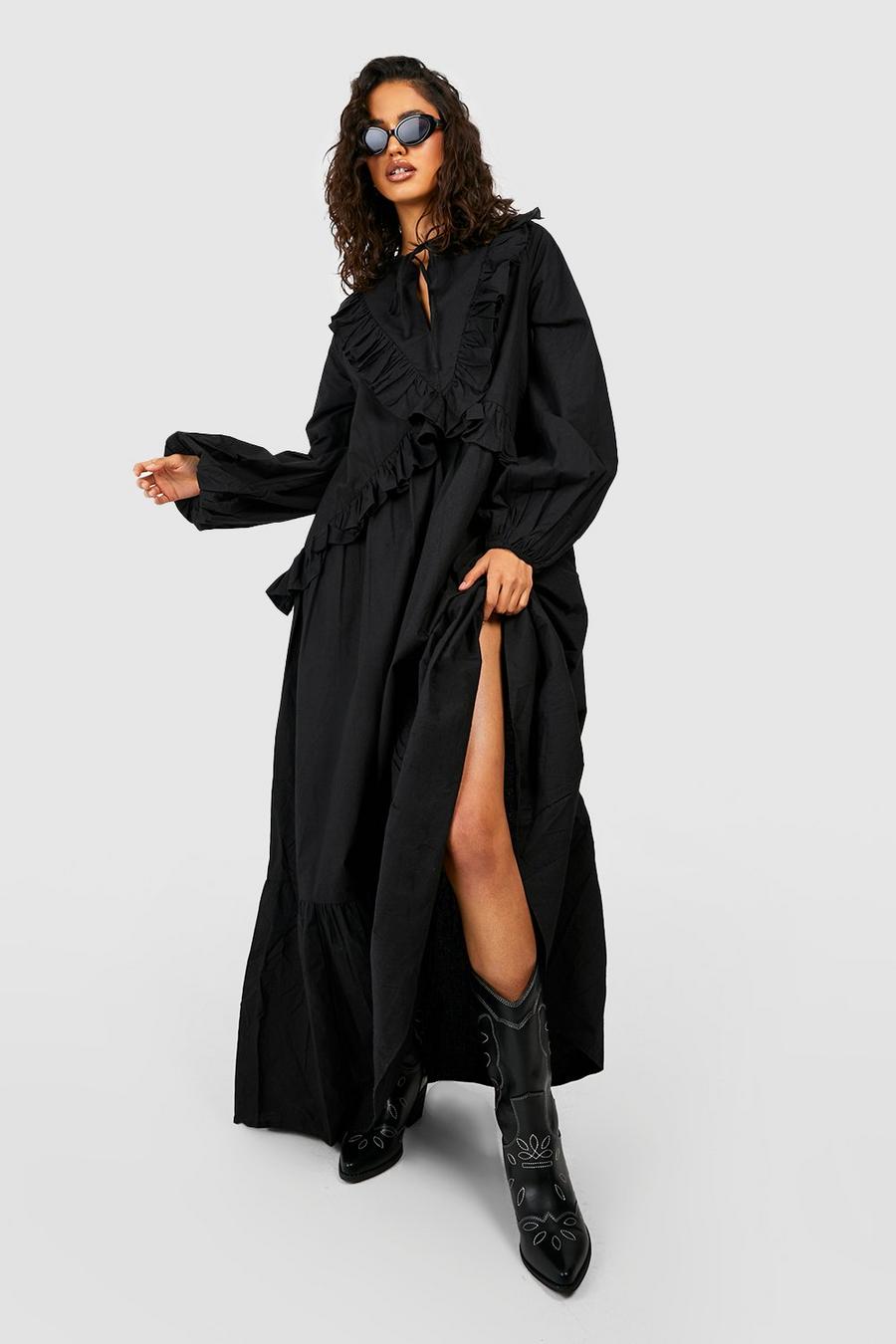 Vestito maxi in cotone con arricciature, Black nero