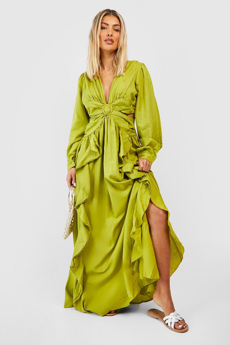 Olive green Linen Cut Out Ruffle Maxi Dress 