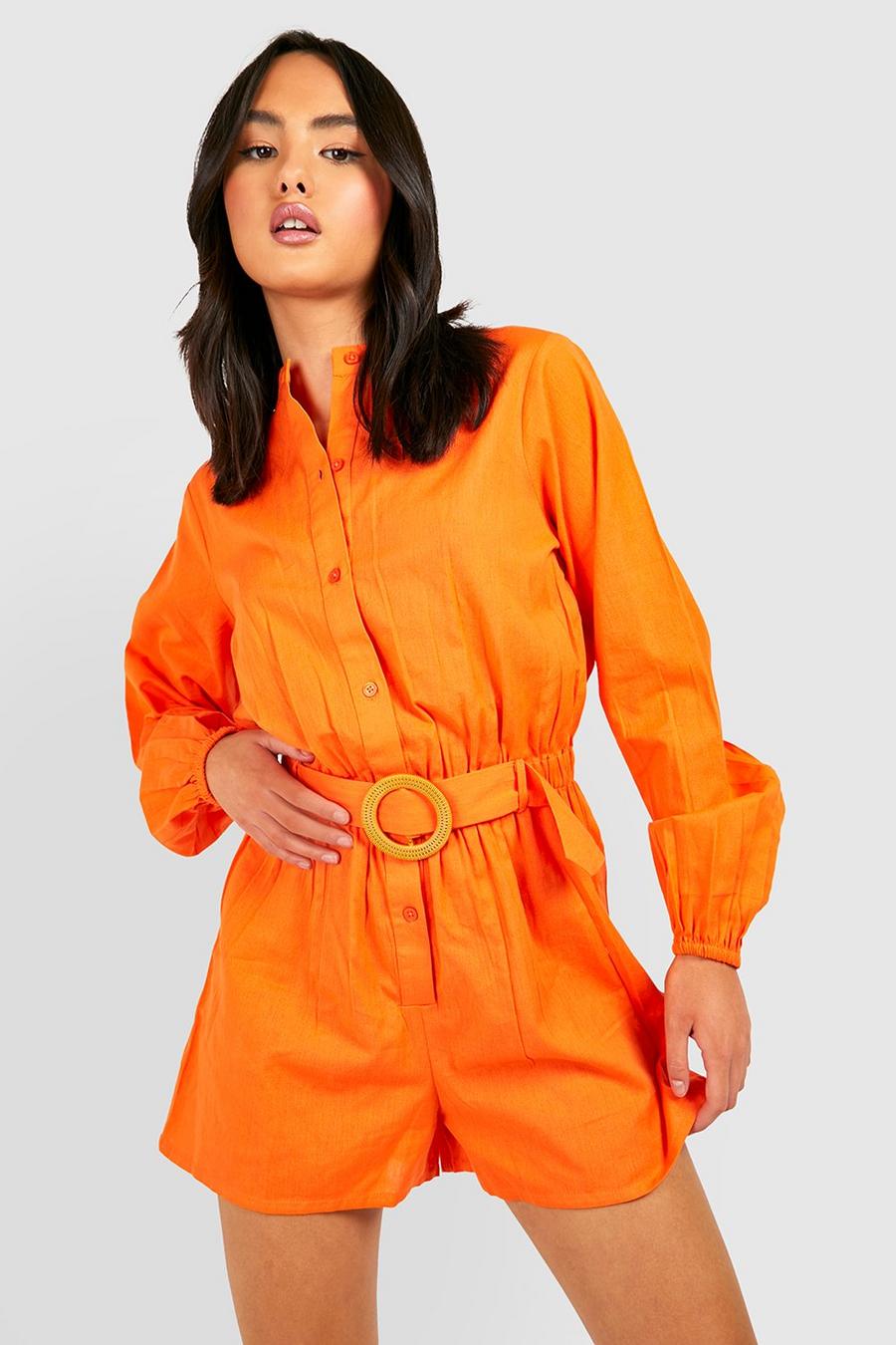 Cotton Belted Utility Playsuit , Orange naranja