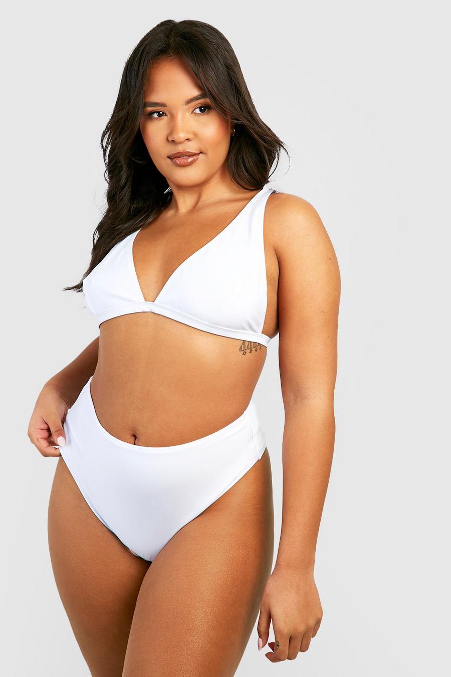 White Plus Tie Shoulder Plunge High Waist Bikini Set