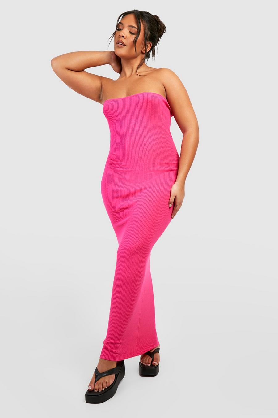Hot pink Plus Bandeau Rib Knit Maxi Dress image number 1