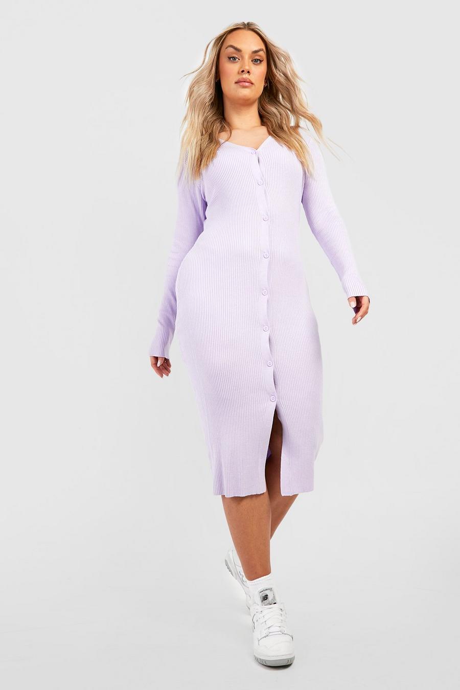 Lilac Plus Rib Knit Button Front Longline Cardigan image number 1