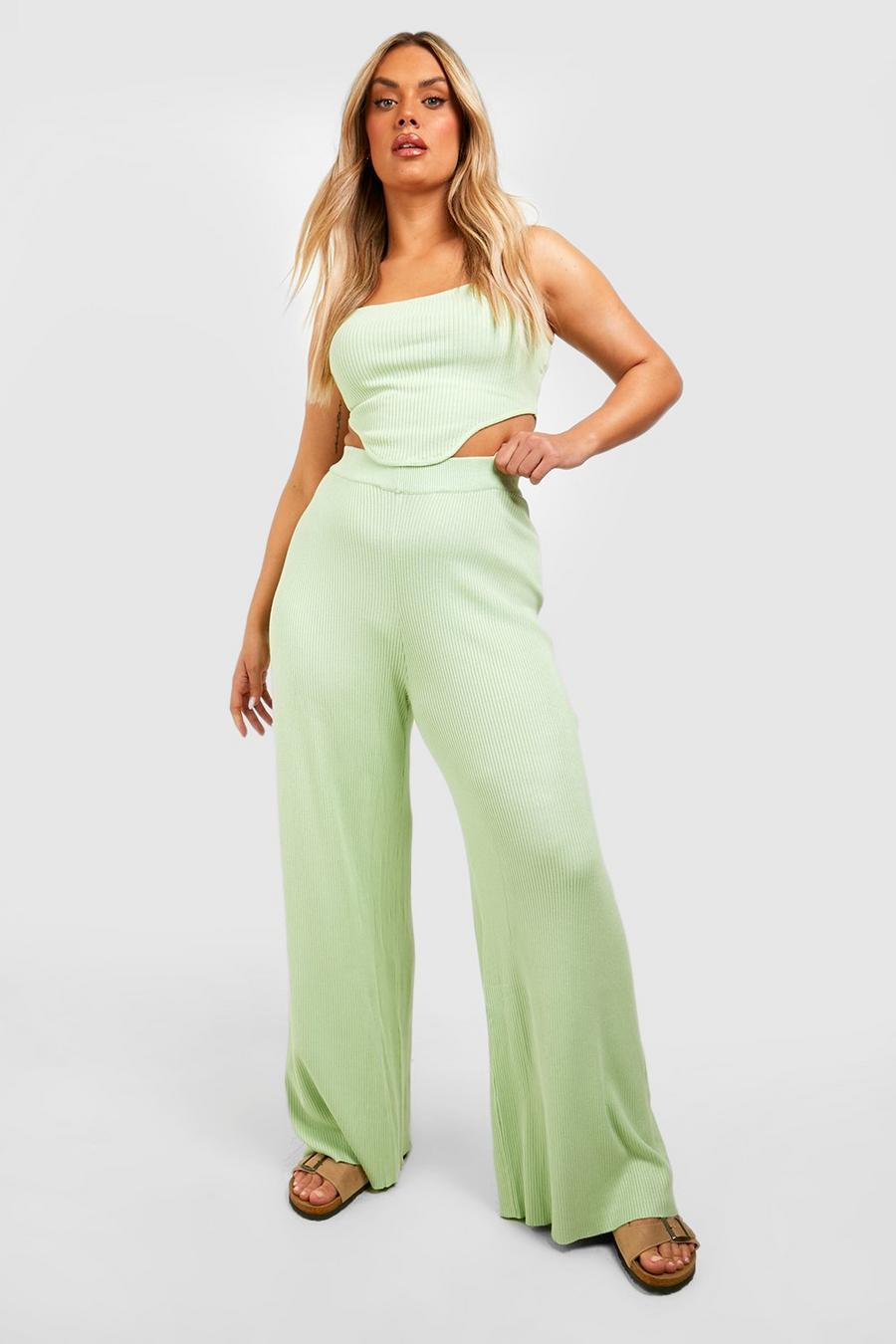 Mint green Plus Knit Corset Crop Top And Wide Leg Pants image number 1