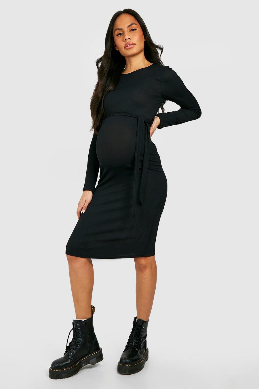 Black Maternity Rib Tie Waist Midi Dress image number 1