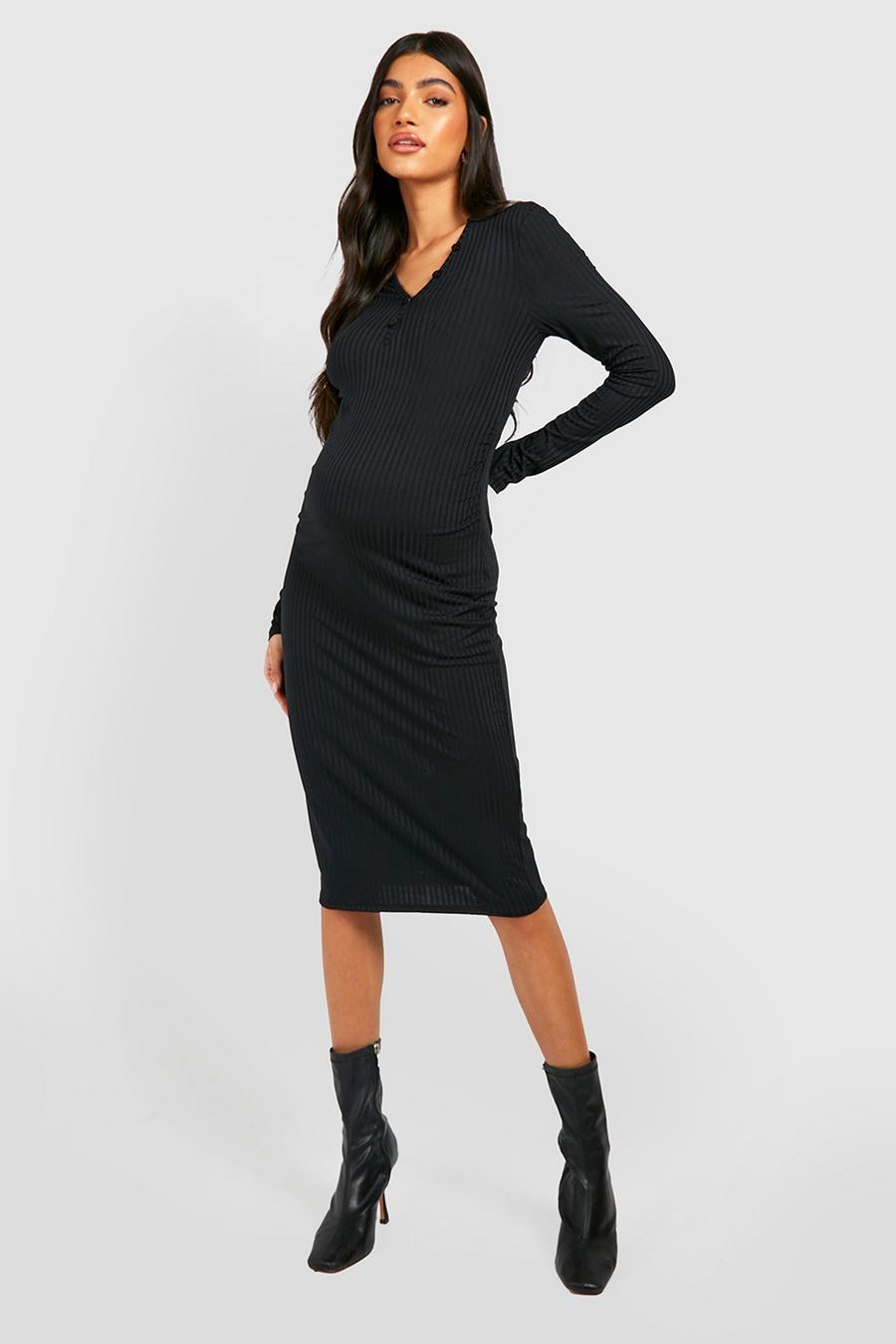 Black Maternity Rib Button Neck Midi Dress image number 1