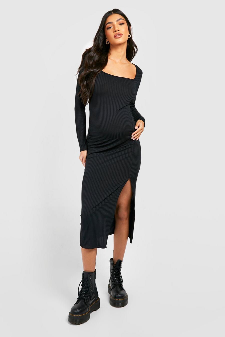 Black Maternity Rib Square Neck Split Midaxi Dress