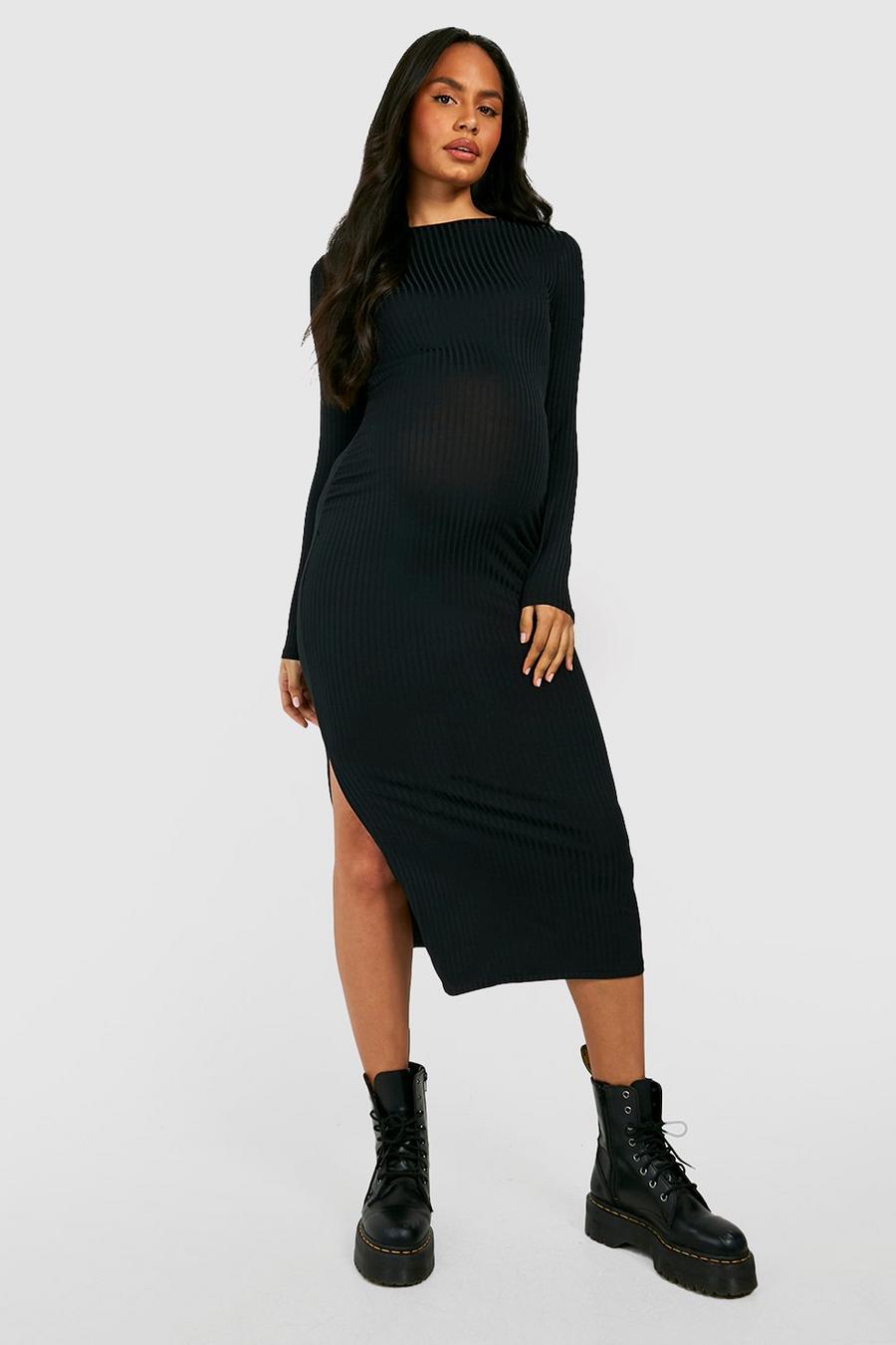 Black Maternity Long Sleeve Split Midaxi Dress