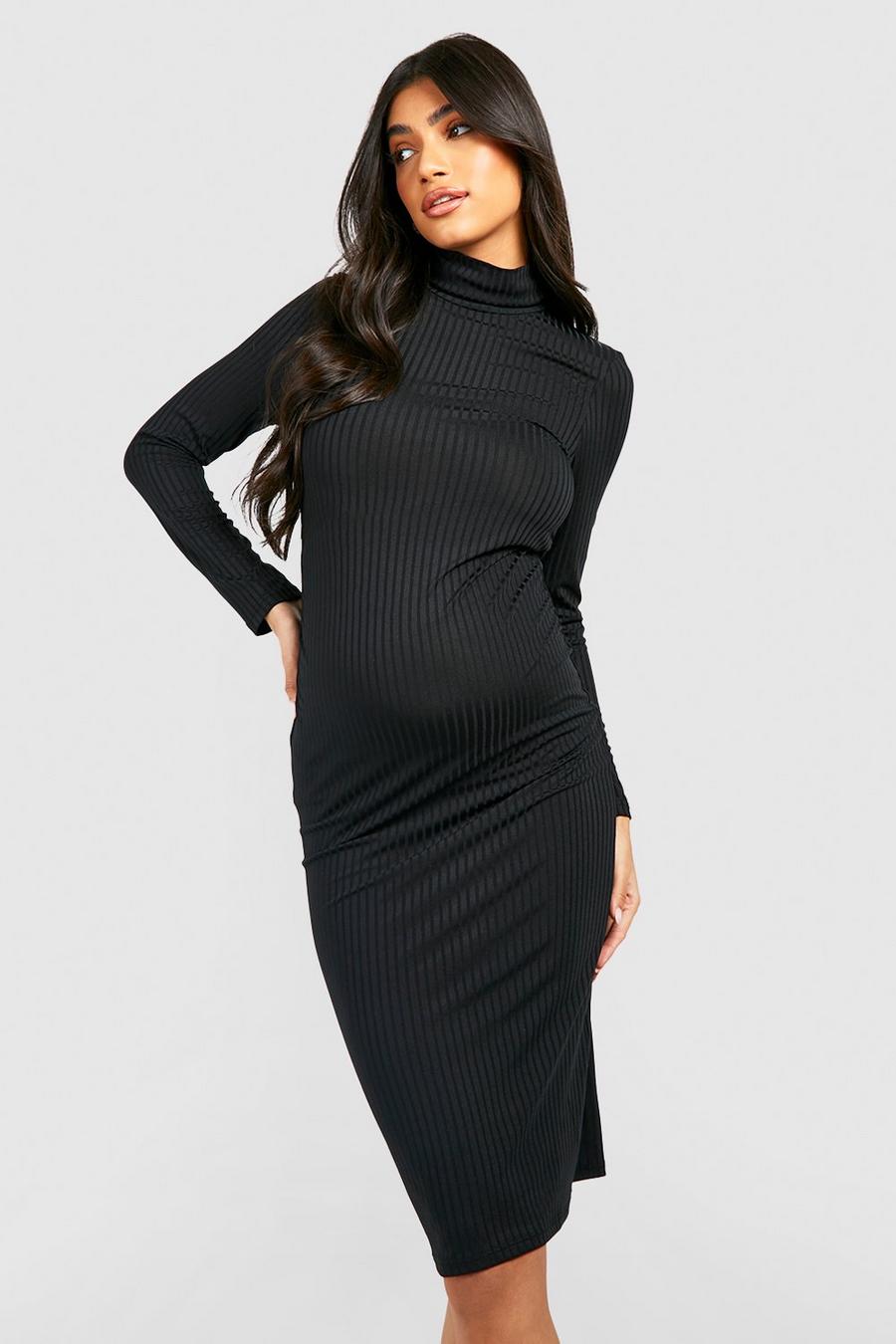 Black Maternity Rib Roll Neck Midi Dress