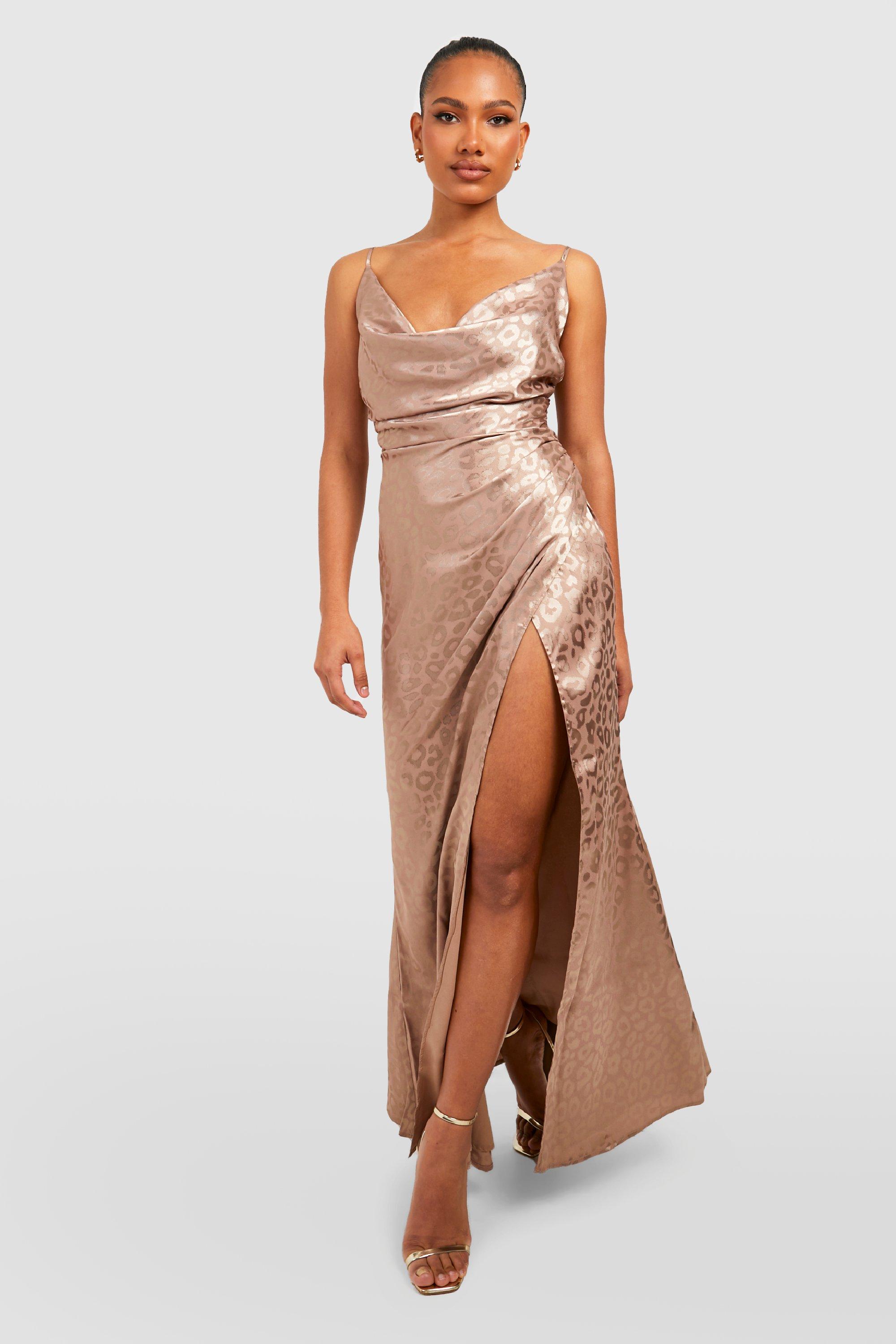 Satin Cowl Neck Ruched Maxi Dress