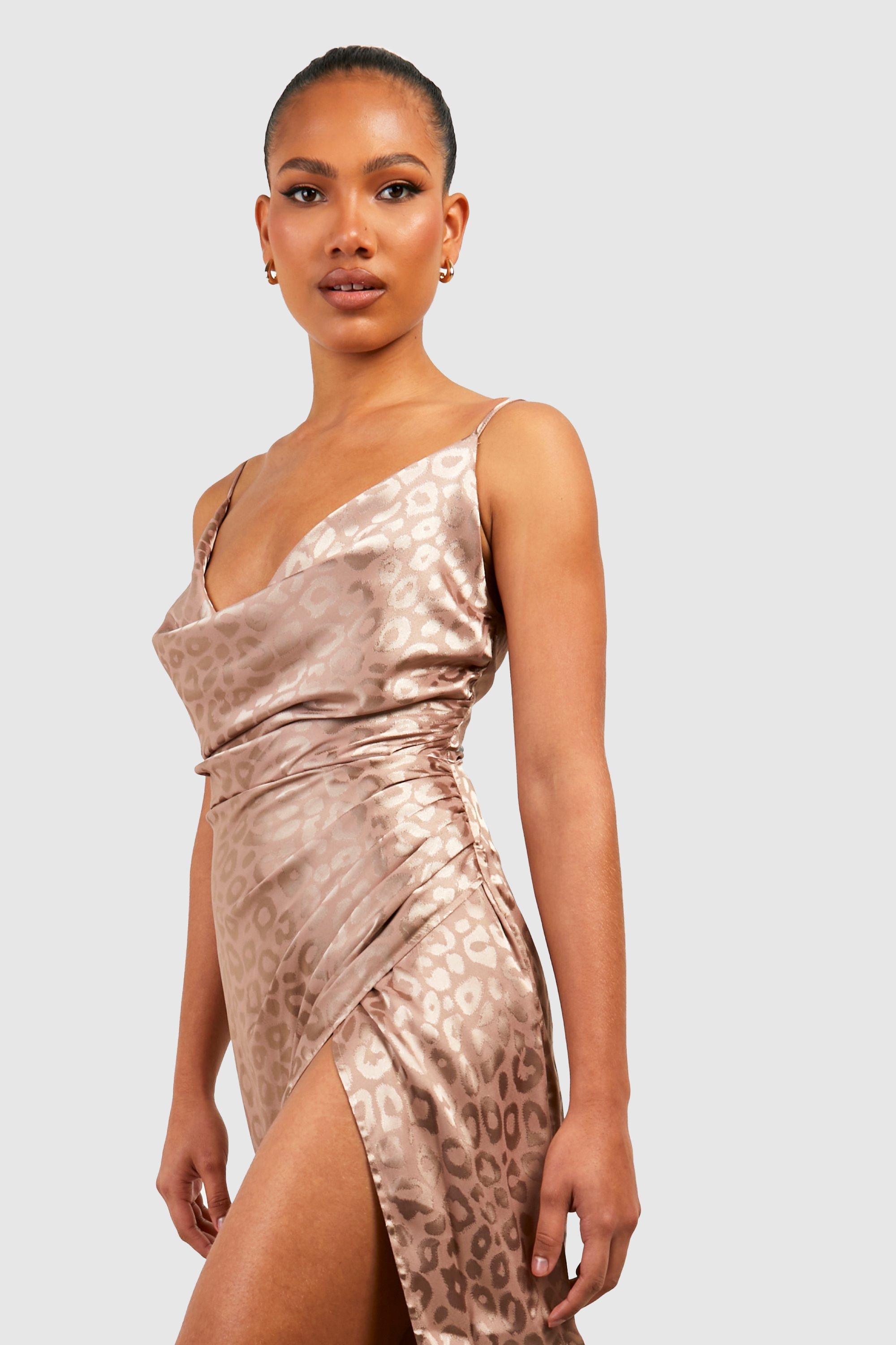 Celestielle | Champagne Cowl Neck Satin Maxi Dress