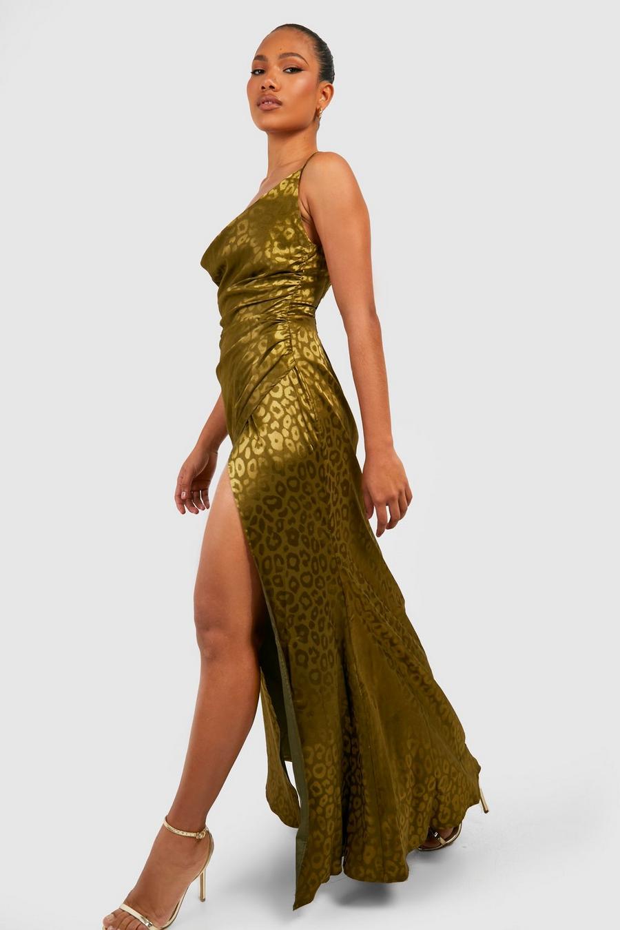 Olive Satin Cowl Neck Ruched Maxi Dress image number 1