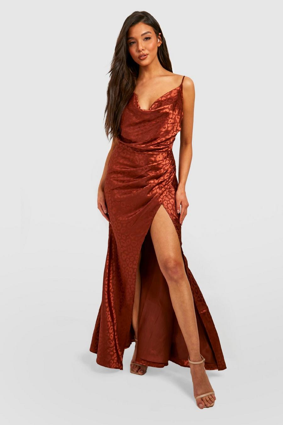 Rust Satin Cowl Neck Ruched Maxi Dress image number 1