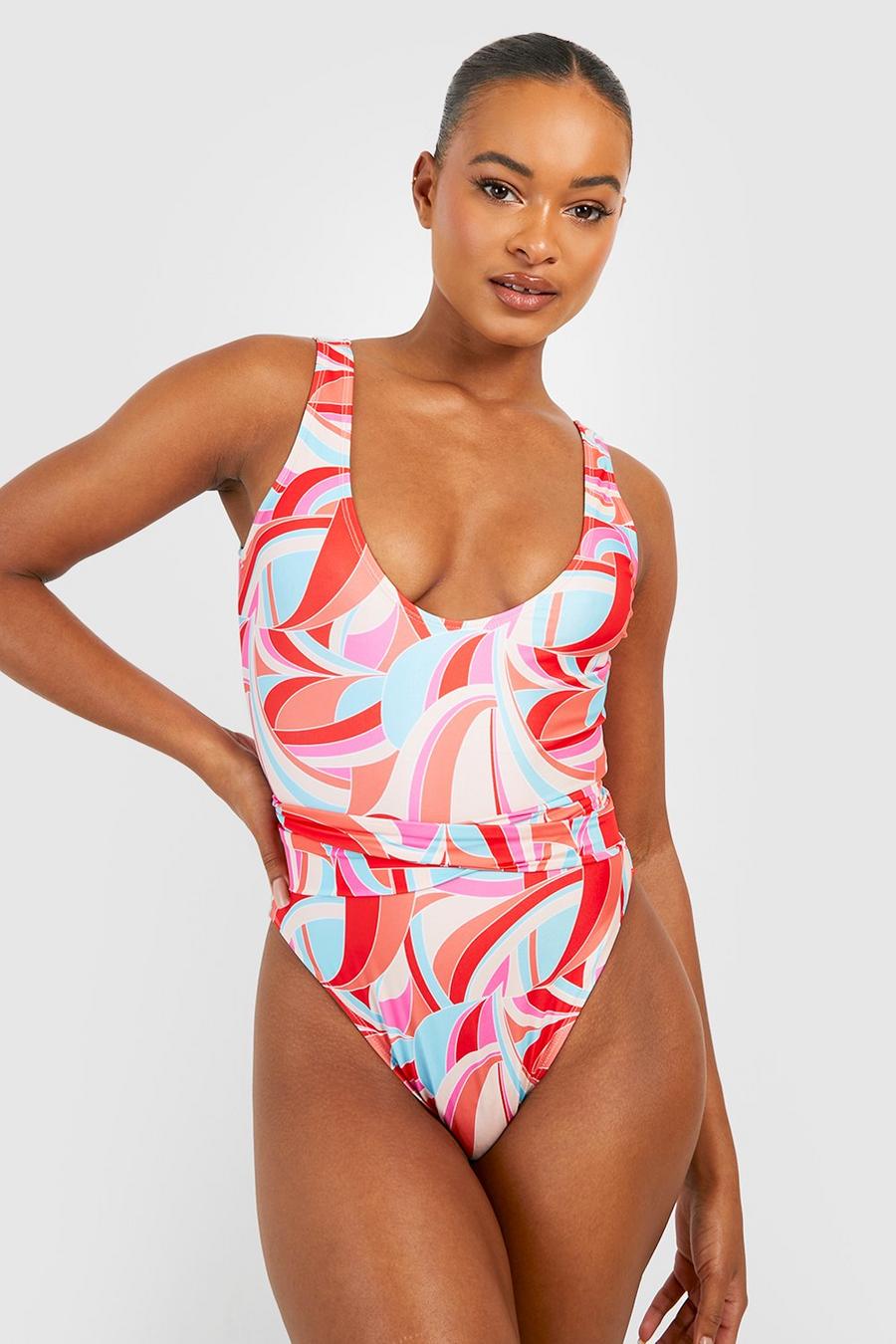 Multi Tall Bright Abstract Tie Waist Belted Scoop Swimsuit