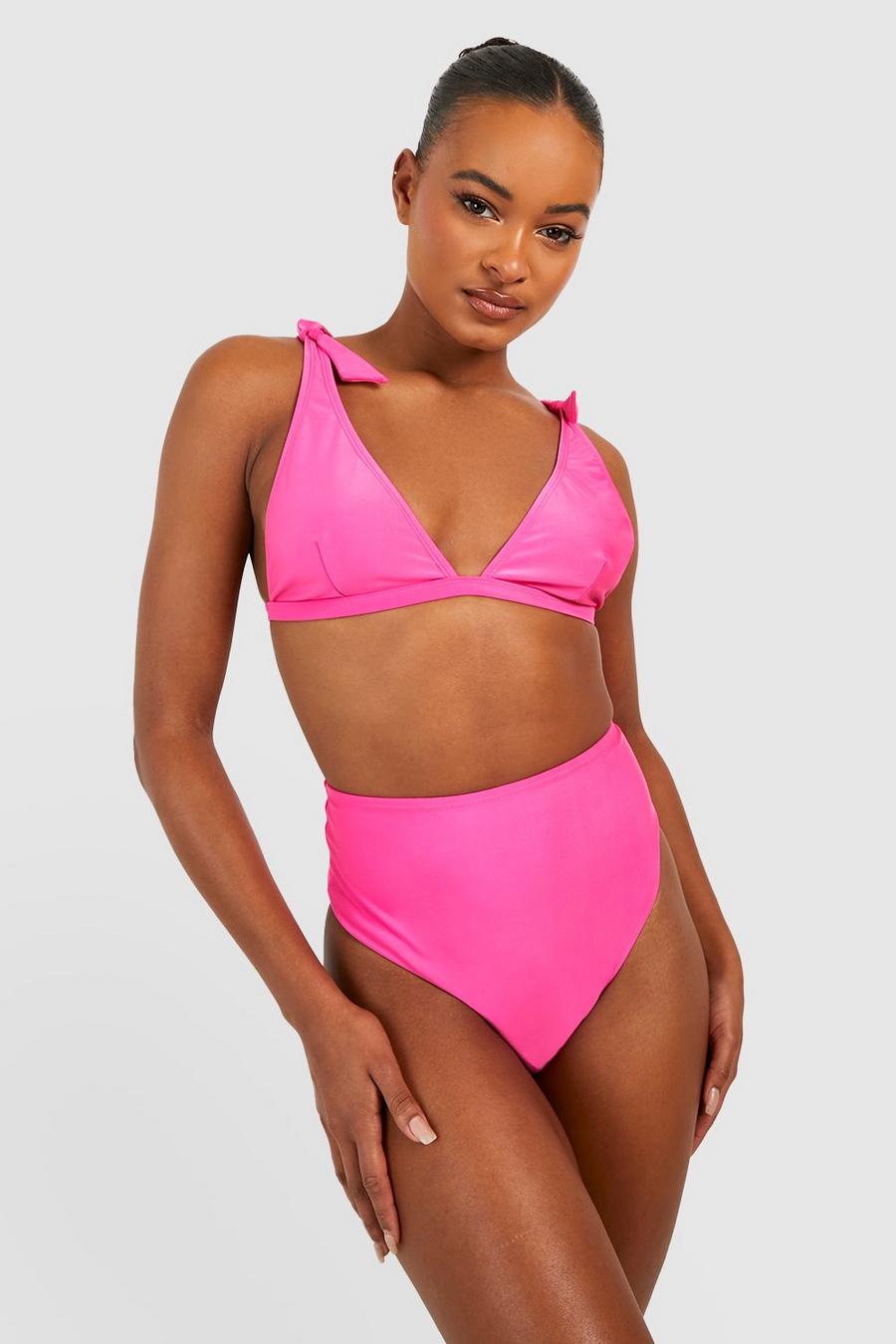 Pink Tall Bikini med knytning, hög midja och låg urringning