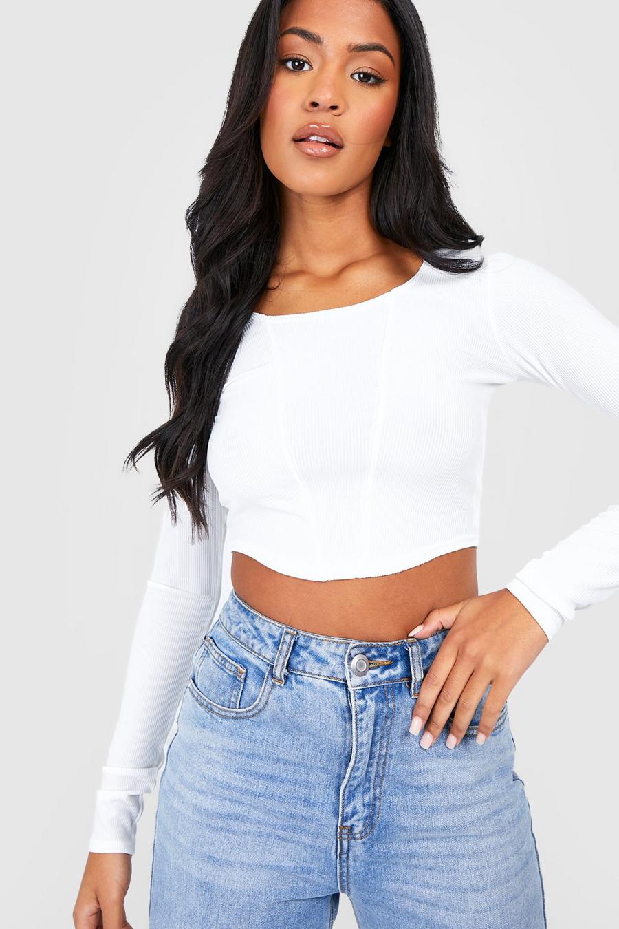 White Tall Rib Longsleeve Scoop Cropped Corset Top image number 1