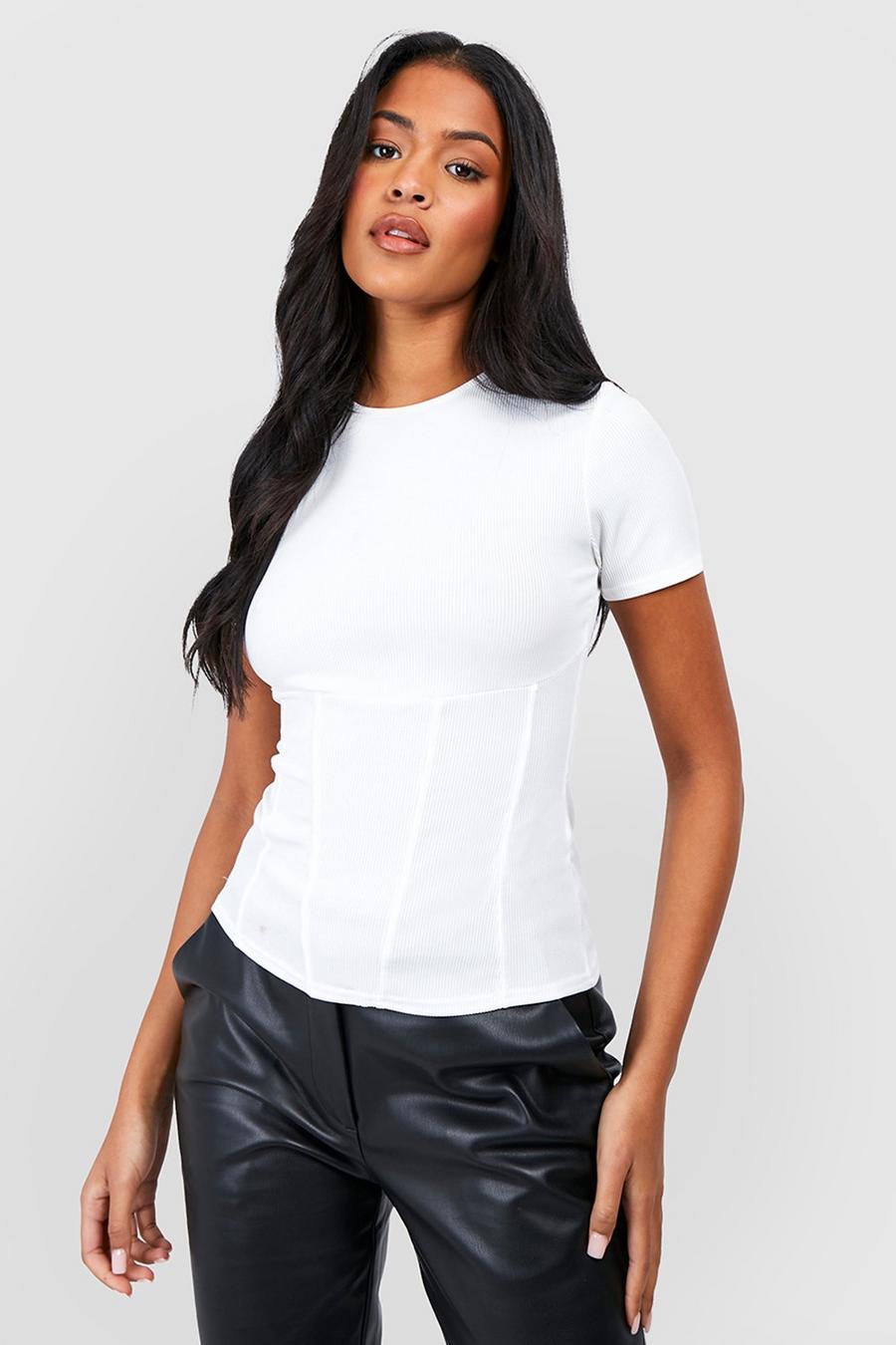 White Tall Rib Corset Detail Short Sleeve T-shirt image number 1