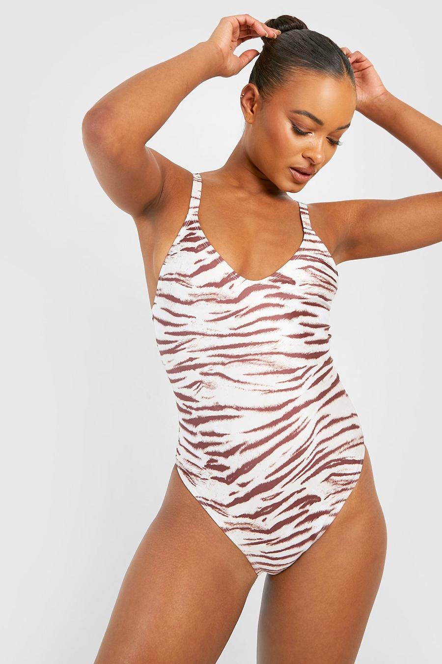 Stone Tall Zebra Print Scoop Swimsuit image number 1
