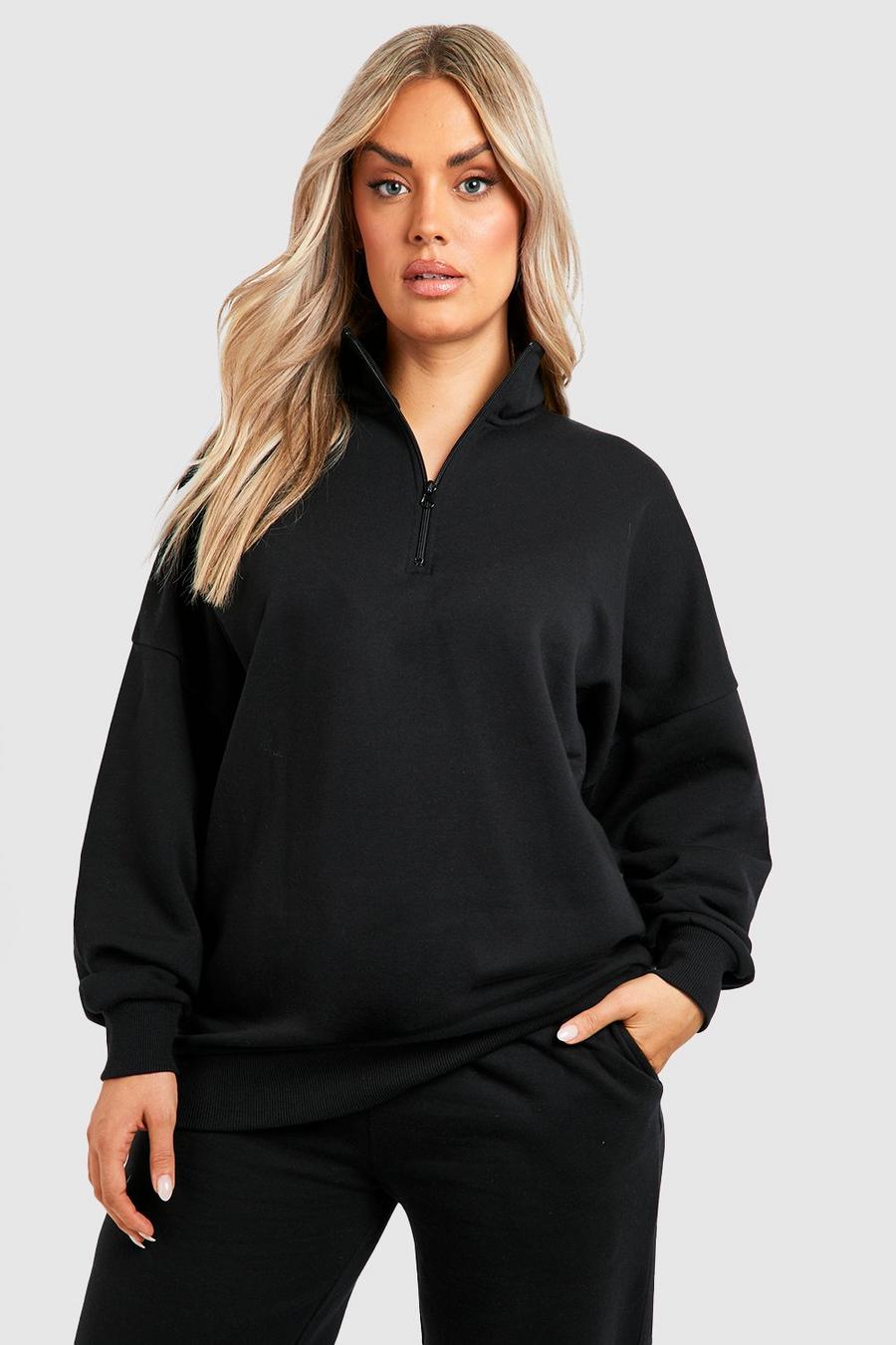 Plus Oversize Sweatshirt mit halbem Reißverschluss, Black image number 1