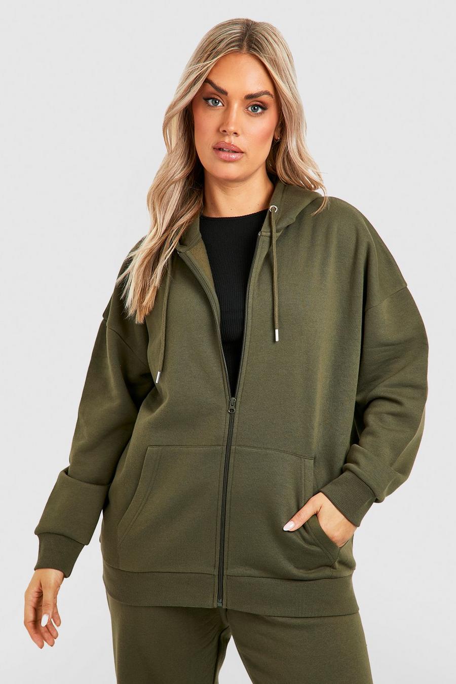 Khaki Plus Basic oversize hoodie med lång dragkedja image number 1