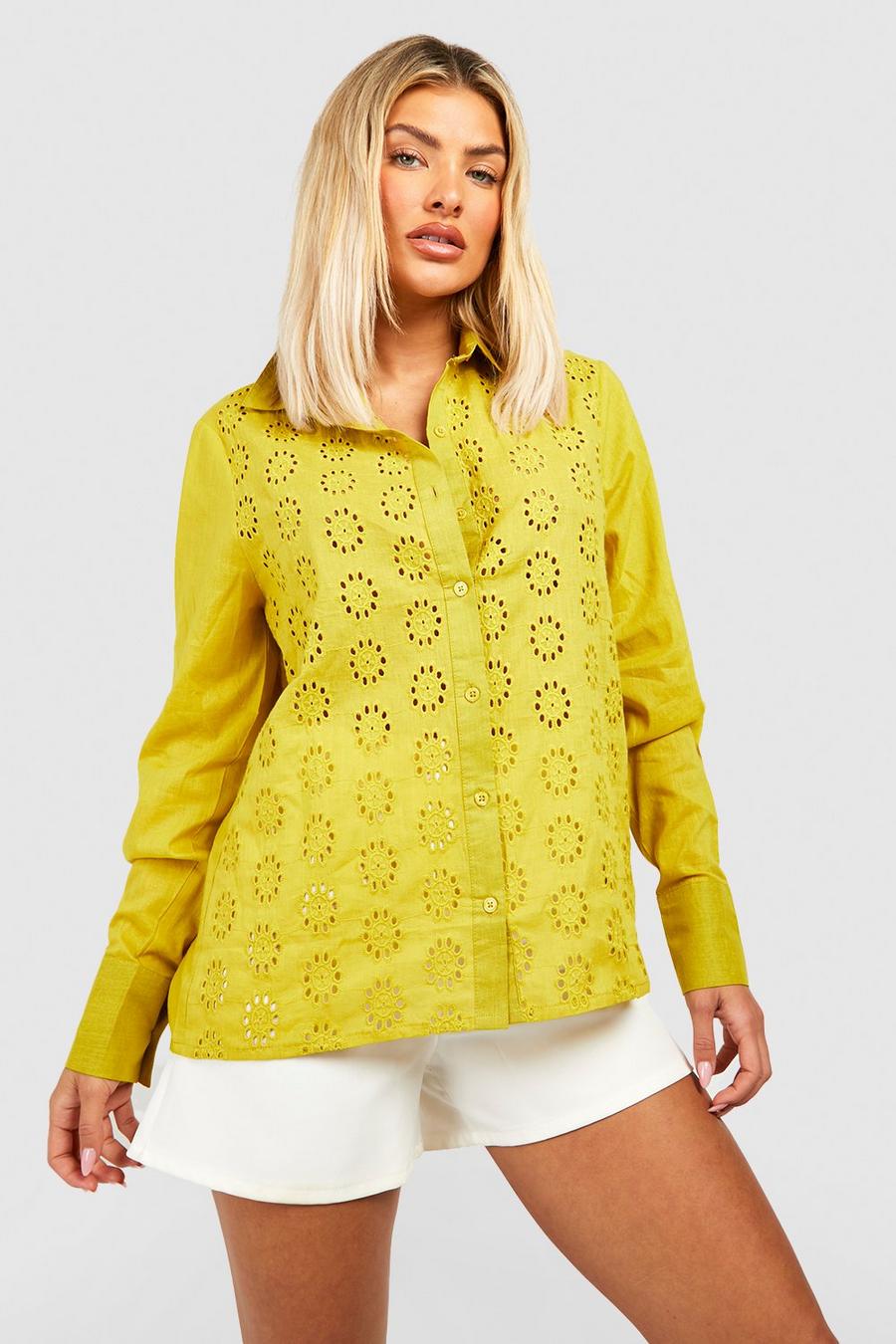 Lime Broderie Panelled Front Oversized Shirt 