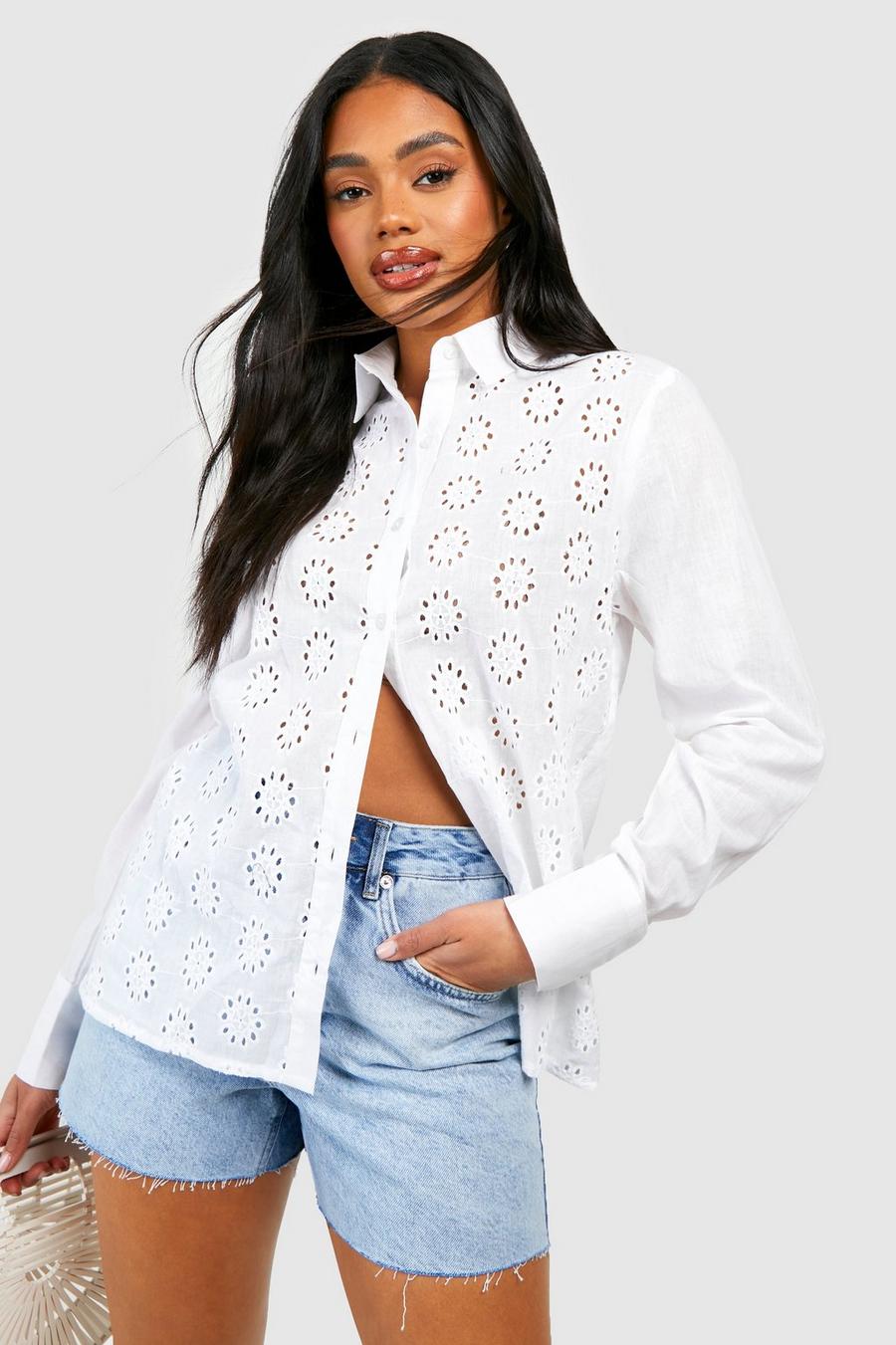 White Broderie Panelled Front Oversized Shirt  image number 1