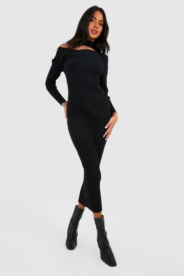 Premium High Neck Wrap Off The Shoulder Neckline Rib Knit Midi Dress black