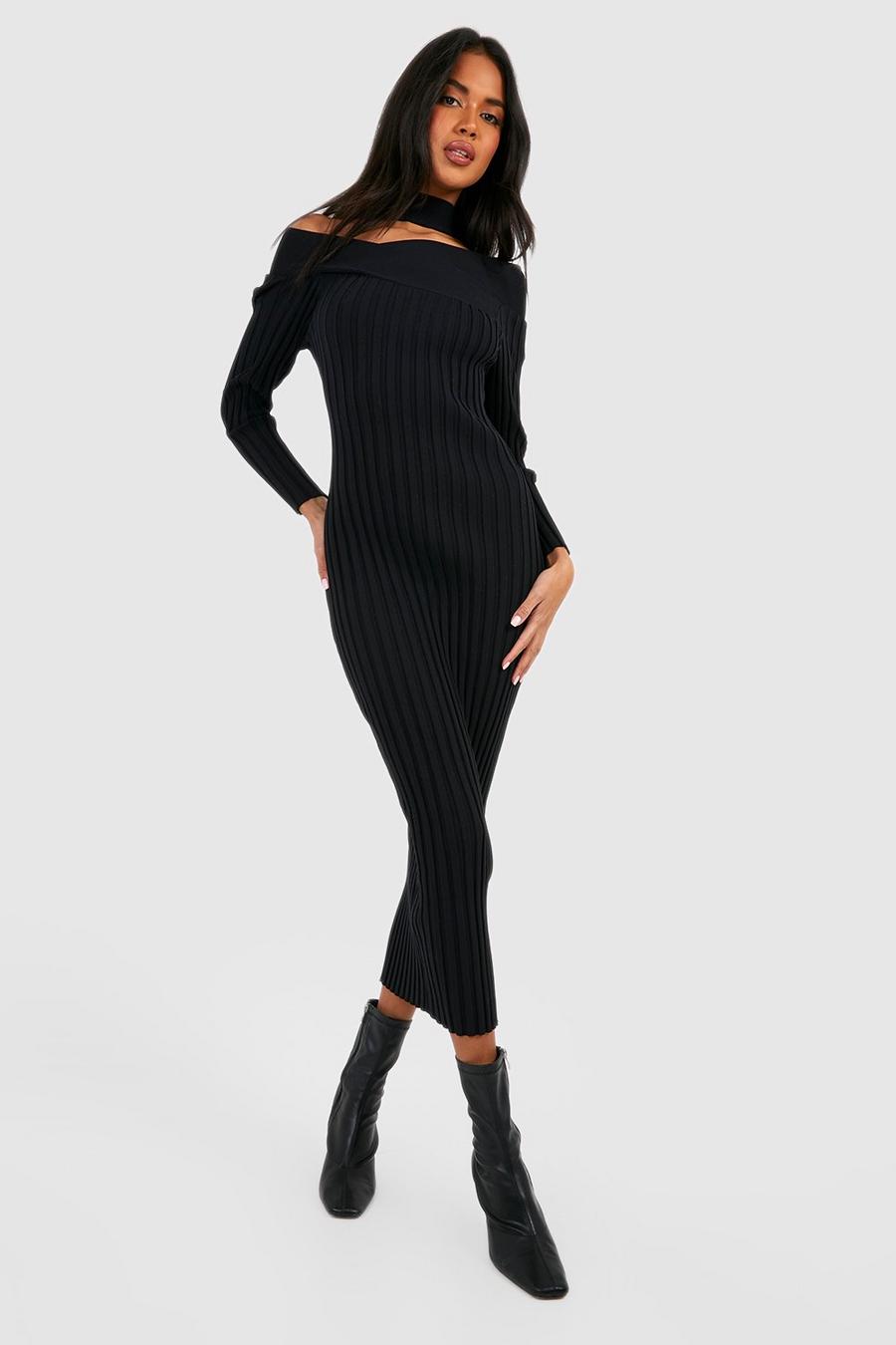 Vestito longuette in maglia a coste Premium con scollo Bardot e collo alto, Black image number 1