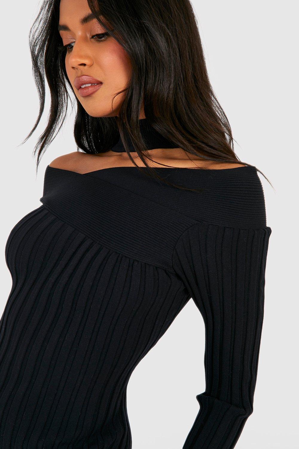 black off shoulder rib knitted midaxi dress