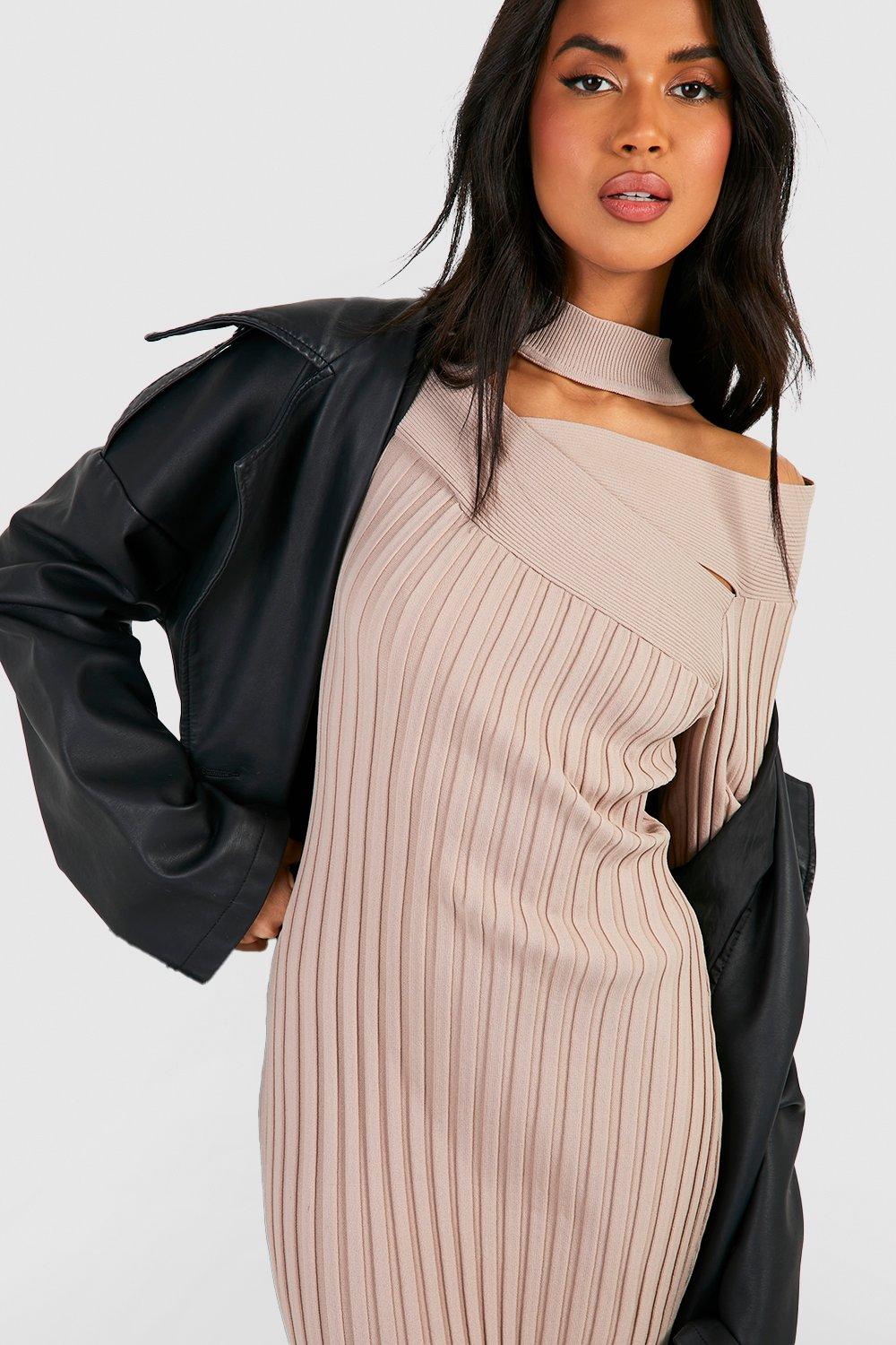 Premium High Neck Wrap Off The Shoulder Neckline Rib Knit Midi Dress