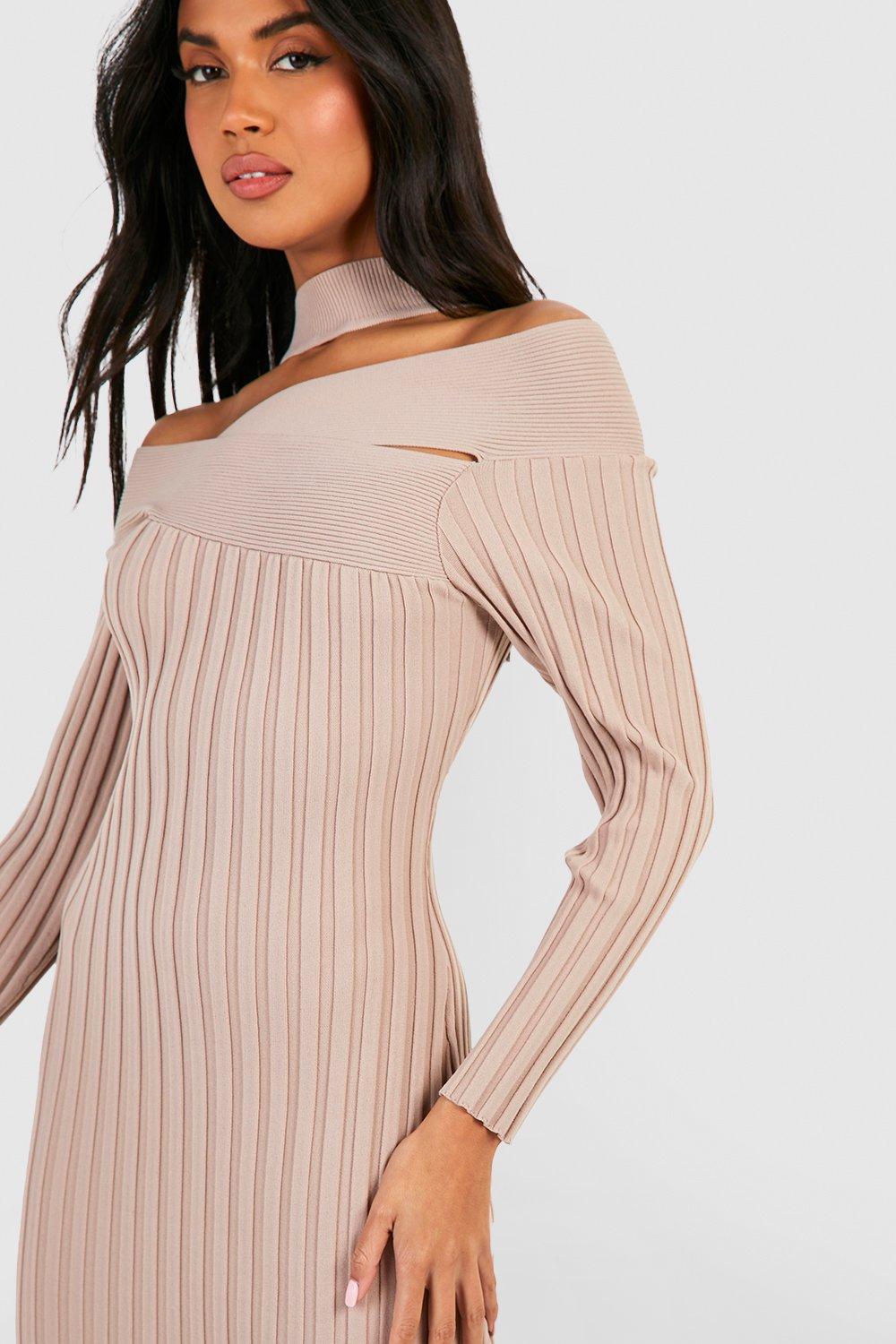 Premium High Neck Wrap Bardot Neckline Rib Knit Midaxi Dress boohoo