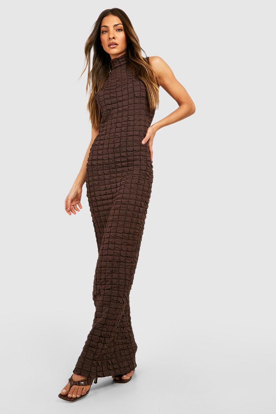 Chocolate brown Premium Textured Waffle Knit High Neck Maxi Dress image number 1