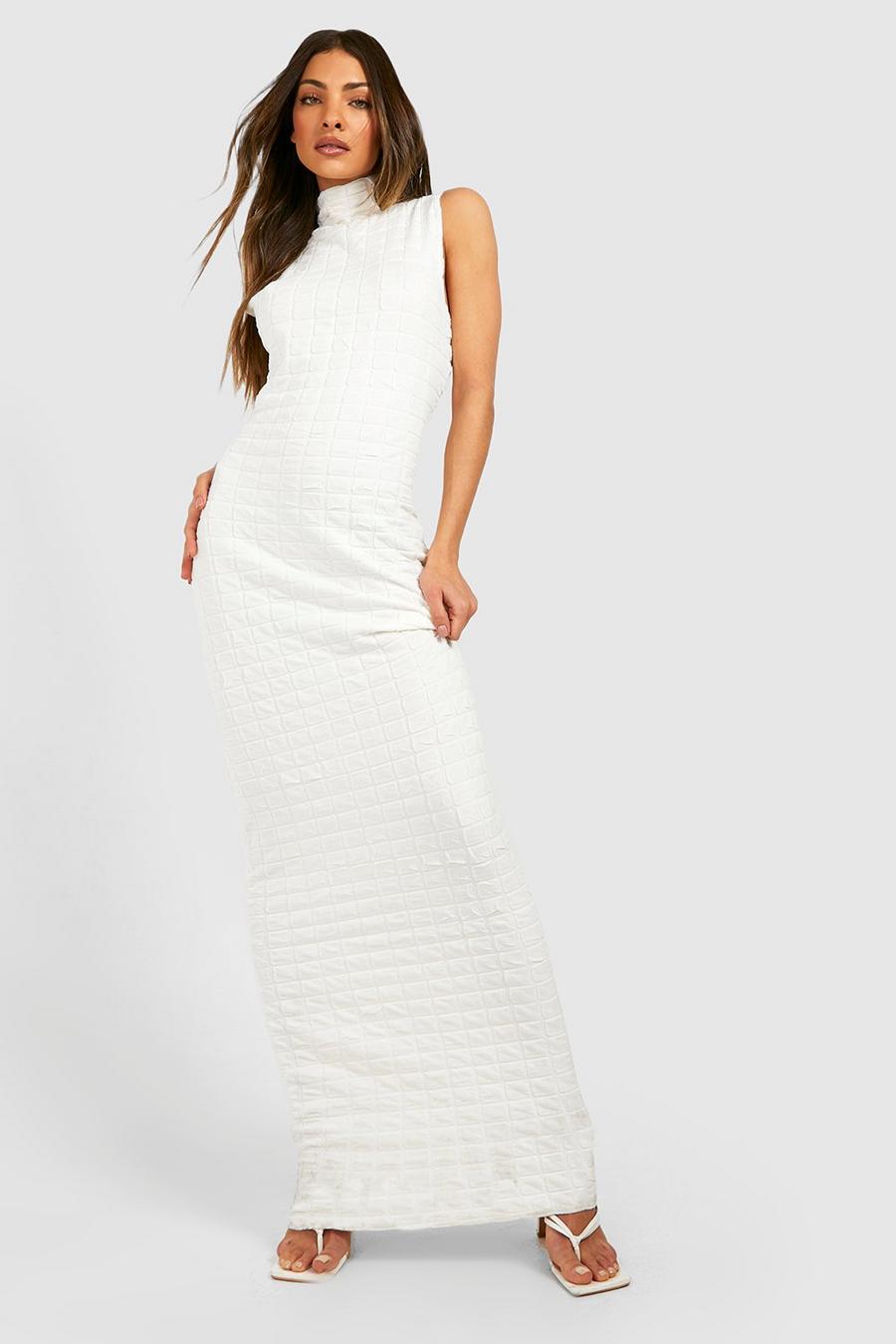 White Premium Textured Waffle Knit High Neck Maxi Dress image number 1