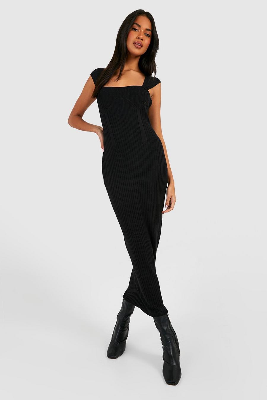 Vestito longuette in maglia a coste Premium con dettagli stile corsetto, cuciture e maniche ad aletta, Black image number 1