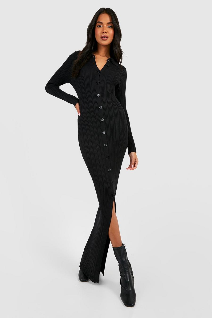 Black Premium Rib Knit Maxi Cardigan Dress