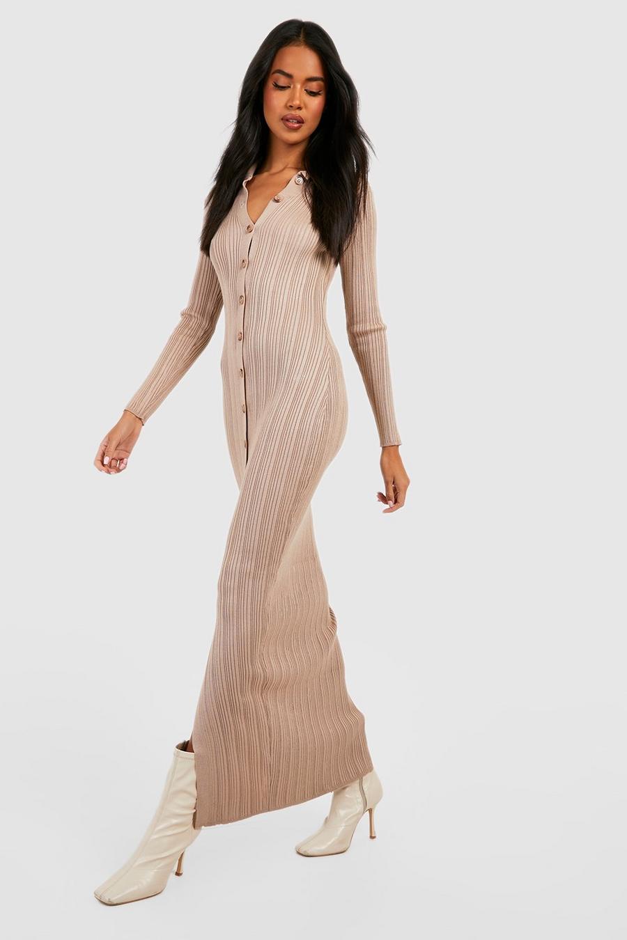 Mocha beige Premium Rib Knit Maxi Cardigan Dress image number 1