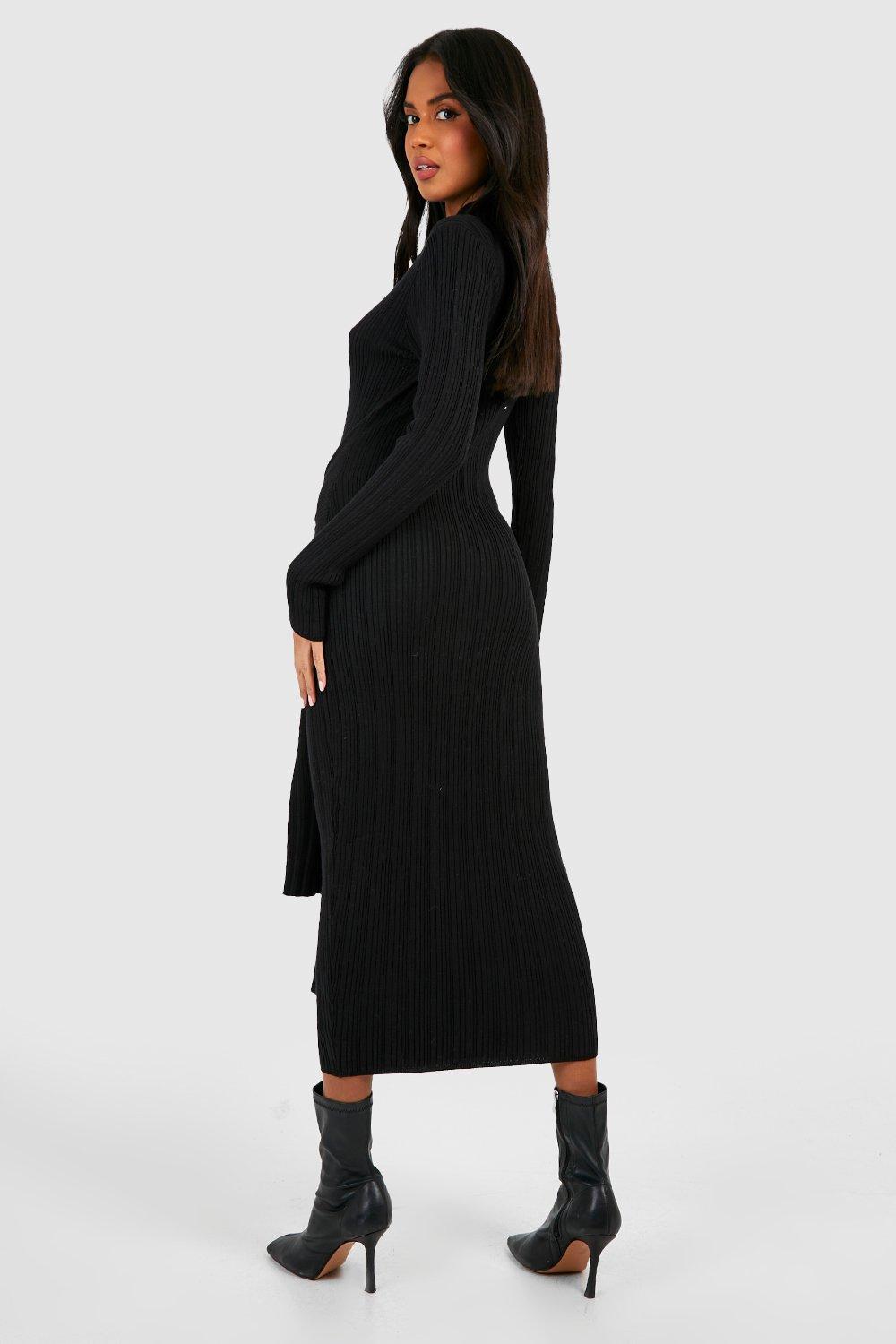 Premium Rib Knit High Neck Tie Waist Midi Dress