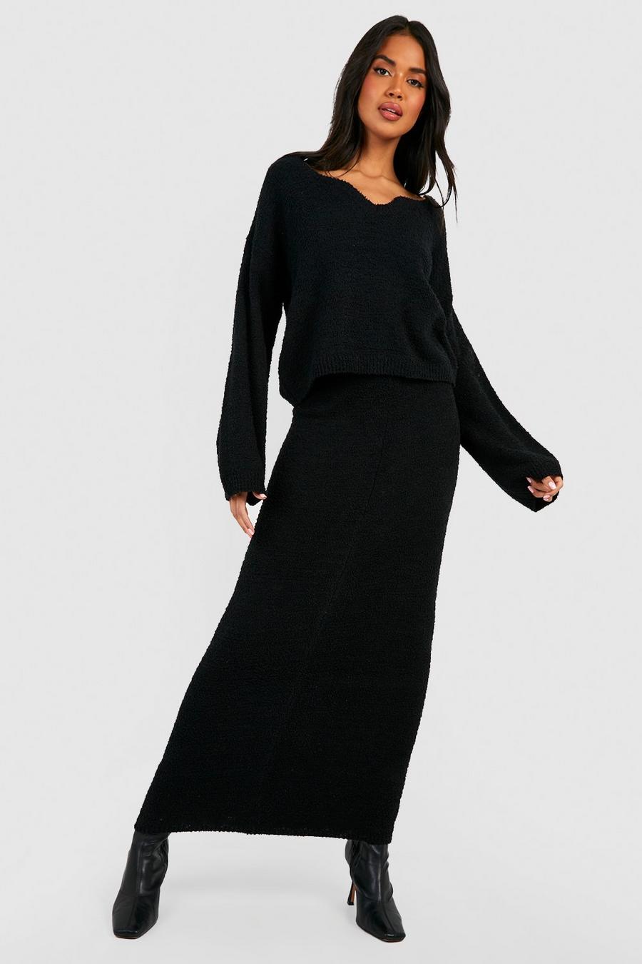 Black Premium Textured Notch Neck Jumper And Maxi Skirt Co-ord image number 1