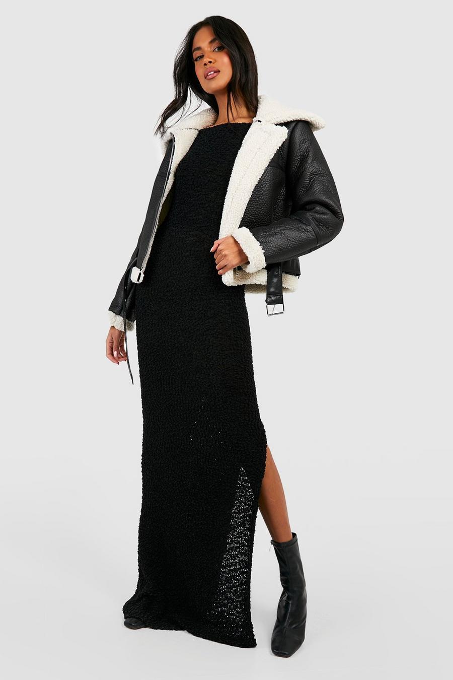 Black Premium Textured Split Hem Maxi Dress image number 1