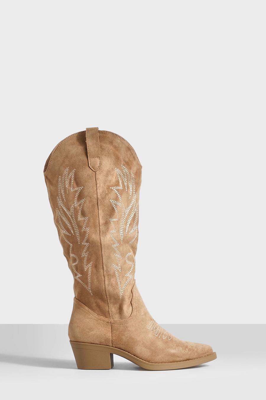Beige Tab Detail Cowboy Western Boots