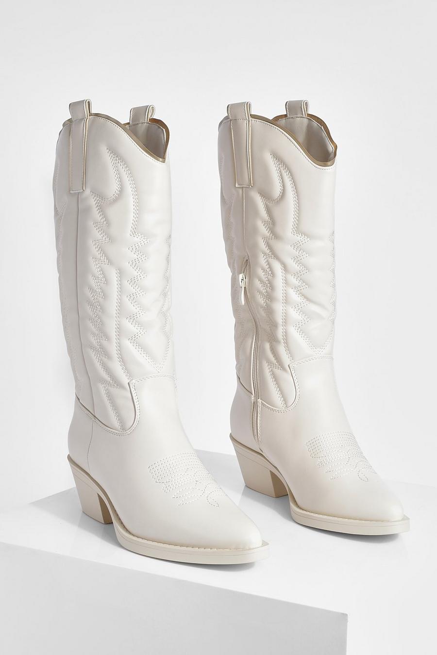 Beige Tab Detail Cowboy Western Boots