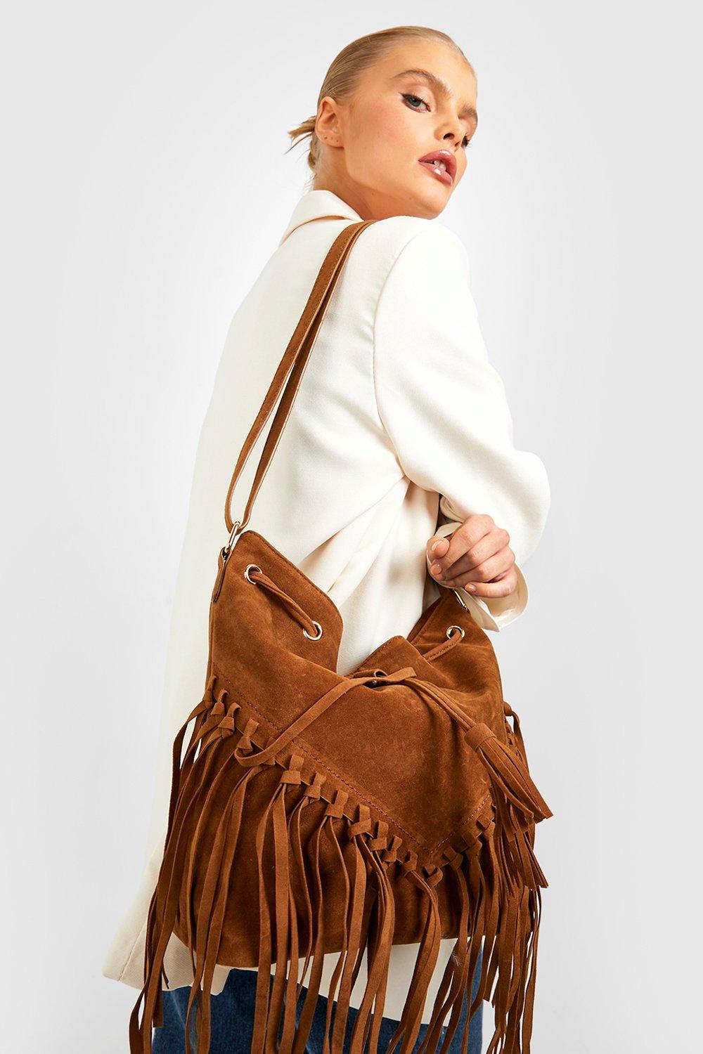 Nasty Gal Womens Suede Fringe Studded Cross Body Bag - Tan