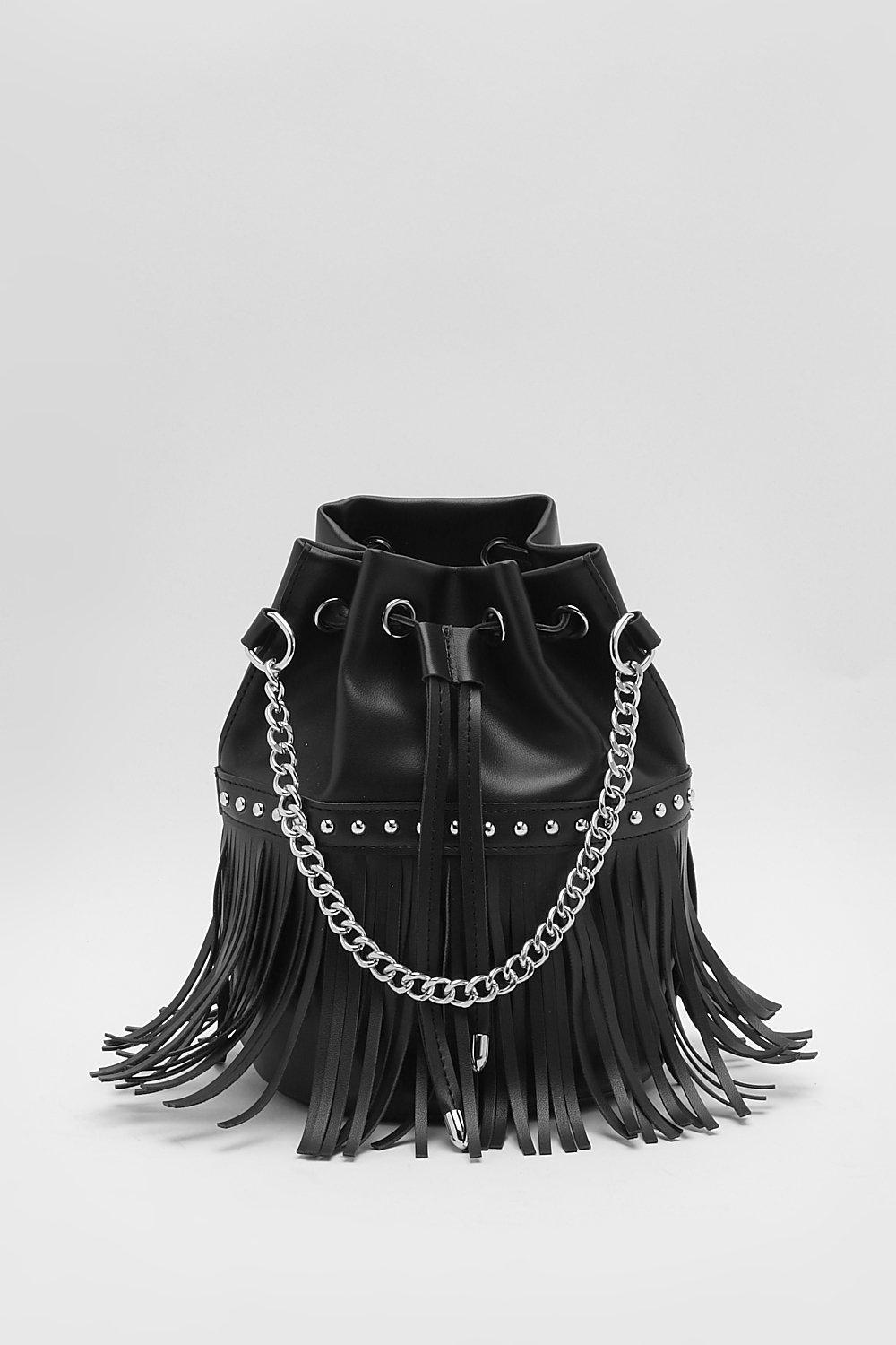 Black fringe on sale bucket bag