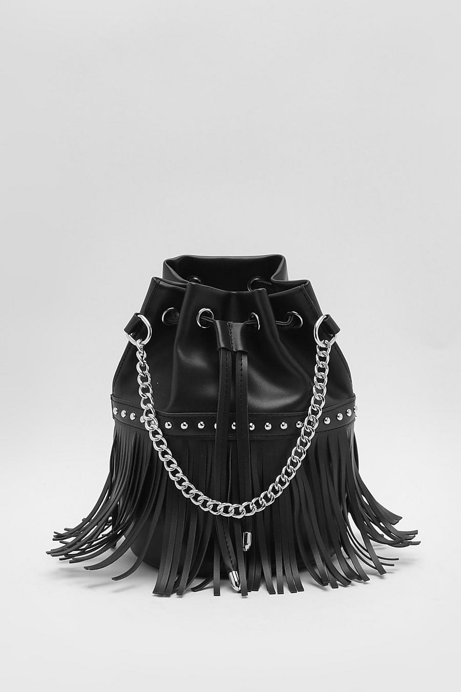 Bolso saco con flecos y borlas, Black image number 1