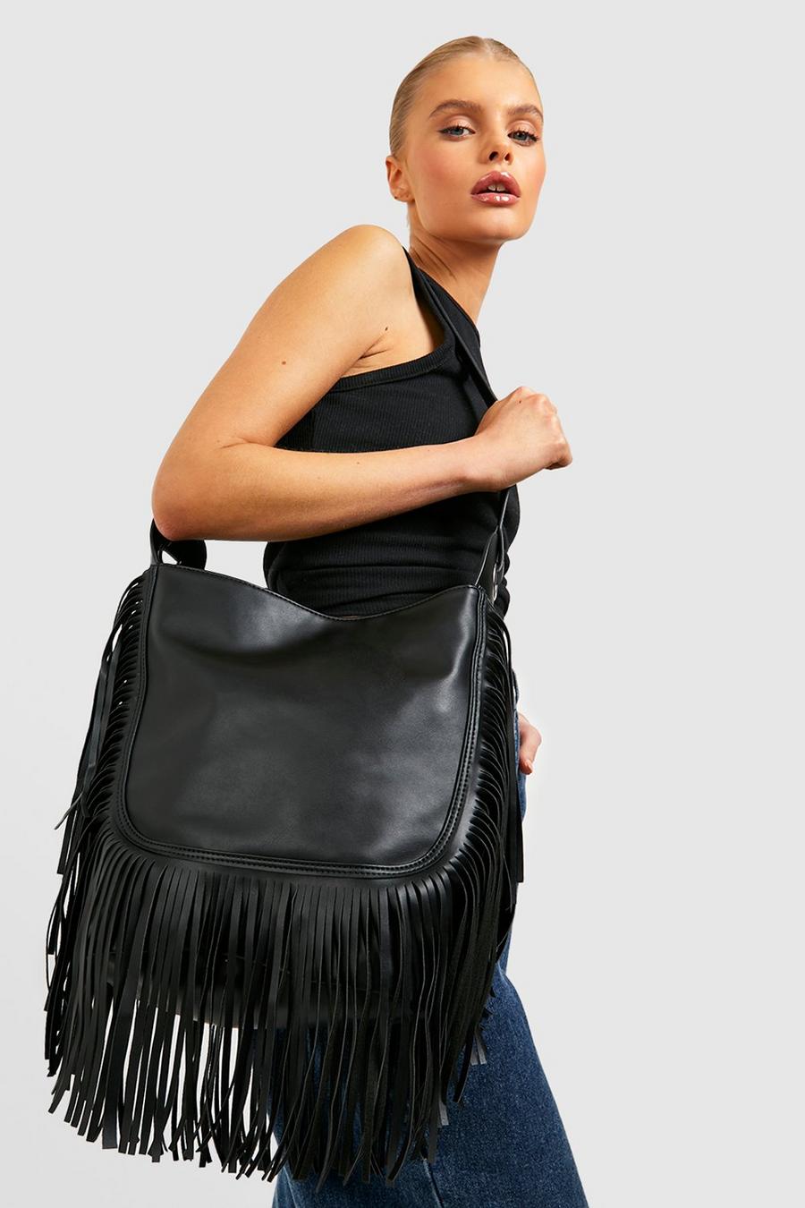 Black Oversized Tassel Shopper Tote Bag image number 1
