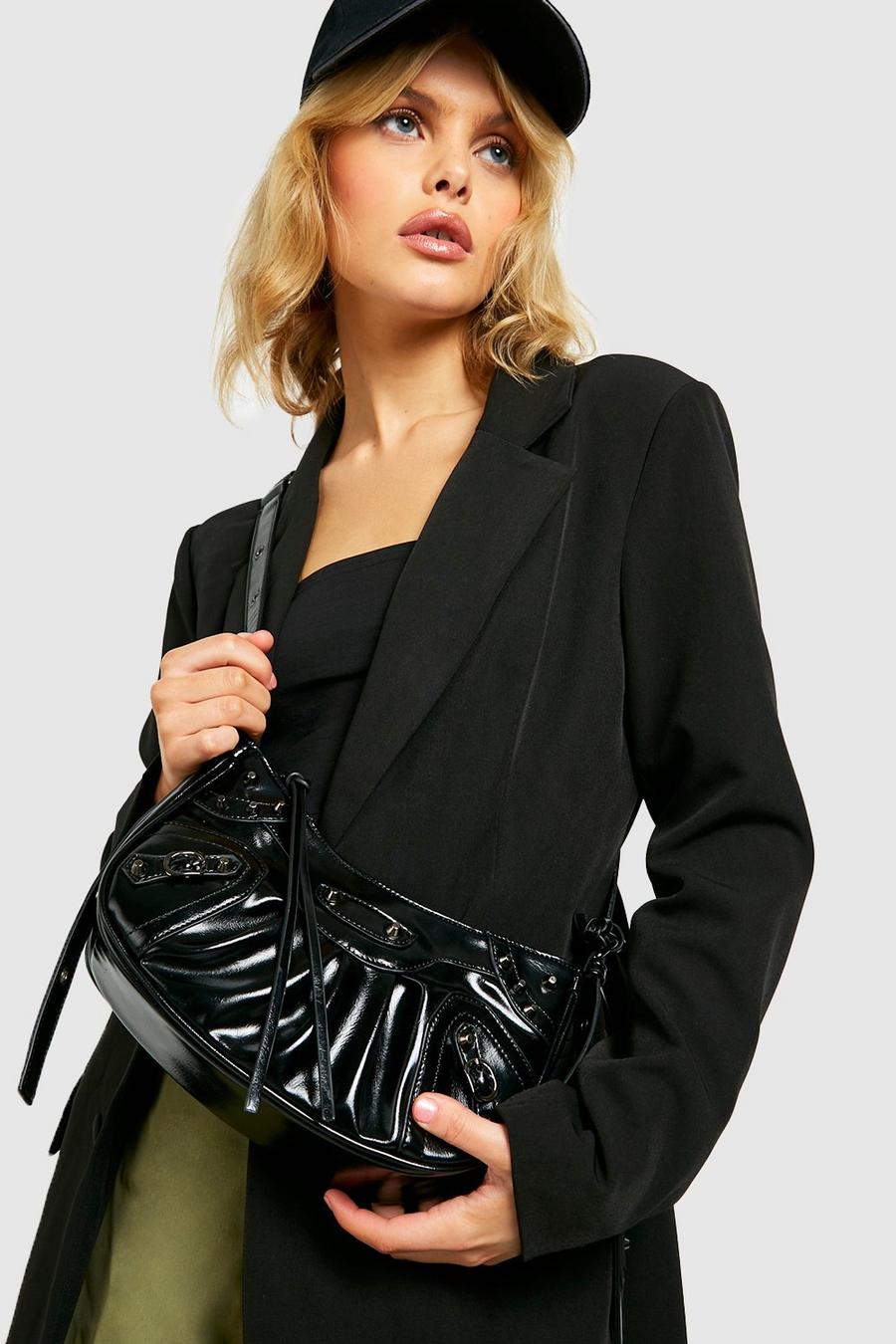Black Double Pouch Studded Shoulder Bag