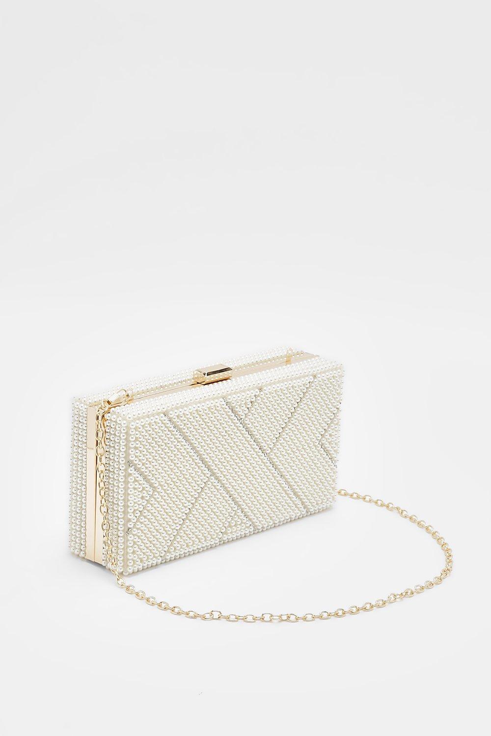 Premium Pearl And Diamante Box Clutch Bag