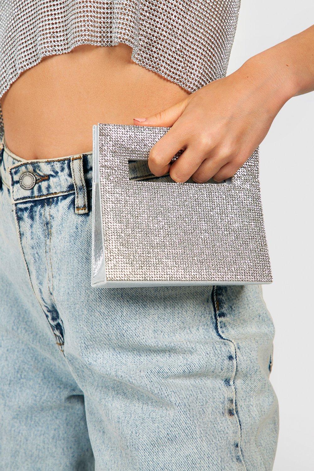 Silver clutch bag online boohoo