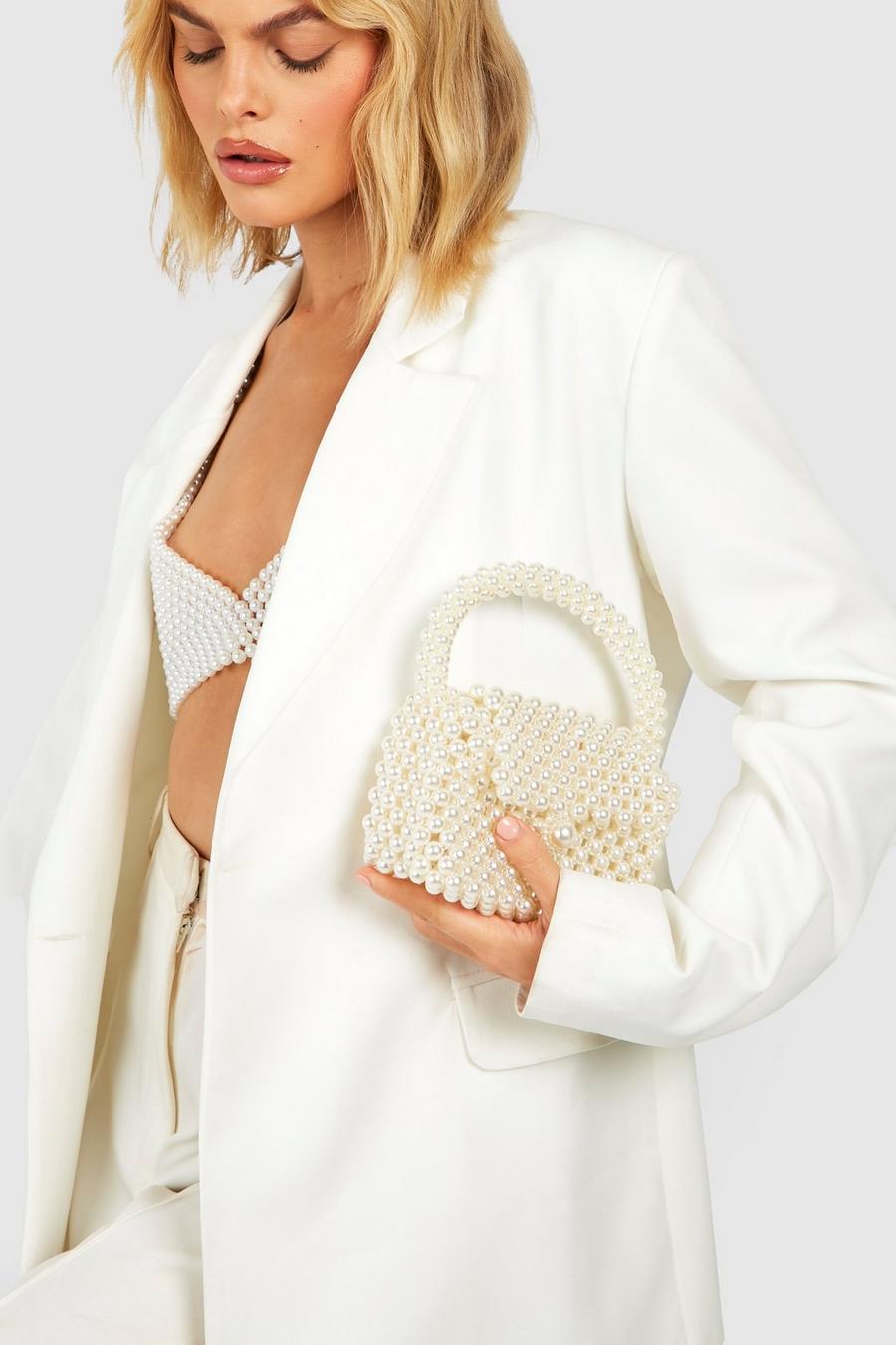 Premium Mini-Handtasche mit Perlen, White blanc